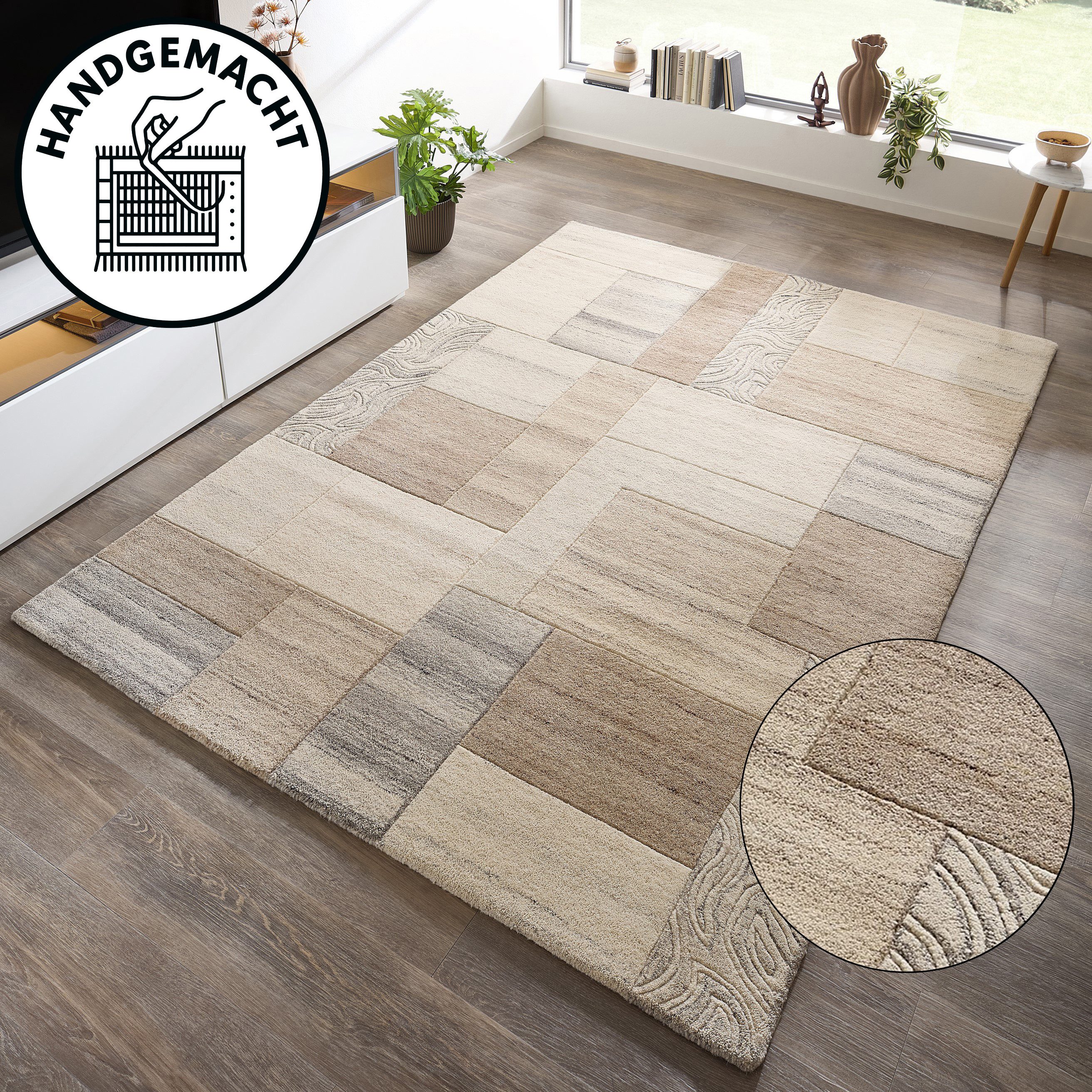 THEKO Wollteppich Lola, Wolle, handgearbeitet, Patchwork Design, handgetuftet, rechteckig, Höhe: 12 mm, Wohnzimmer, Schlafzimmer, Esszimmer, auch als Läufer und rund
