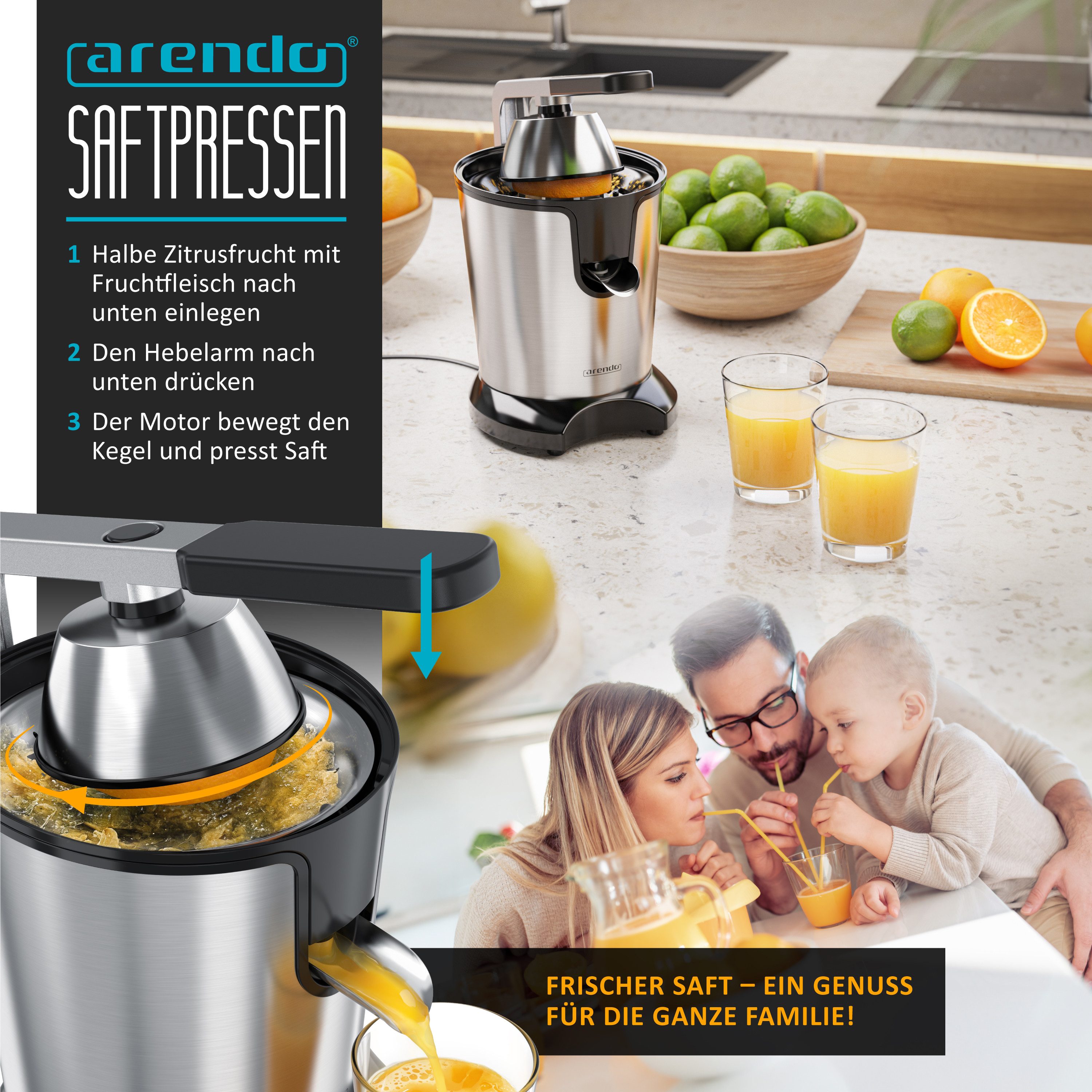 Arendo Entsafter Saftpresse elektrisch, Zitruspresse, Orangenpresse, Edelstahlkegel, 1000 W, 0,45 L Behälter, 2 Presskegel, spülmaschinengeeignet, BPA frei – Bild 5 von 5
