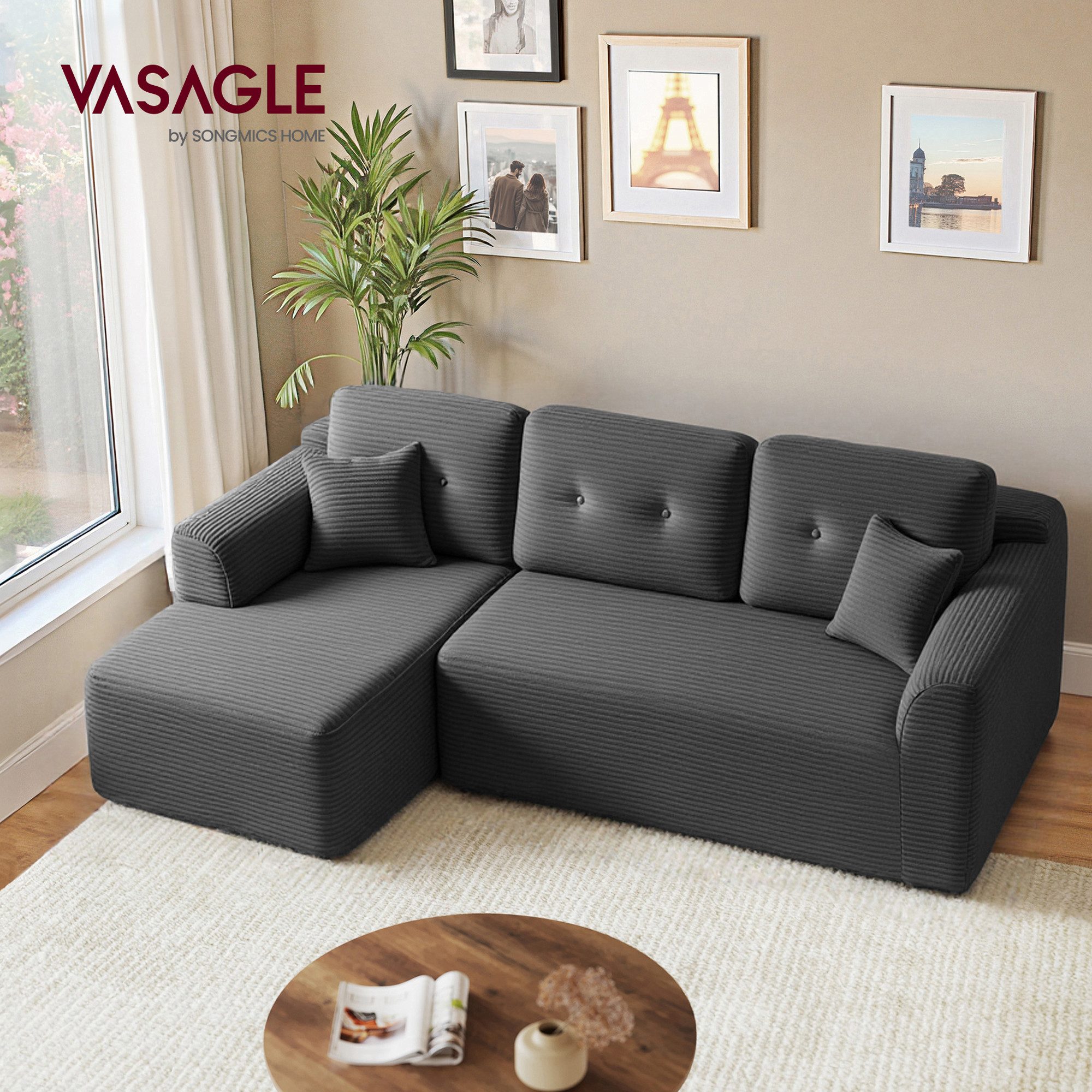 VASAGLE Ecksofa modulares Sofa 244 cm breit vakuumverpackt, Schlafsofa, keine Montage erforderlich, mit großer Chaiselongue