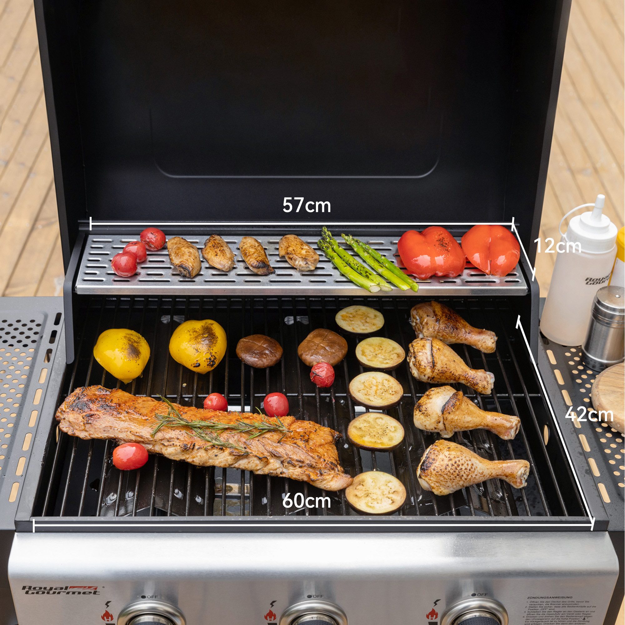Royal Gourmet Gasgrill Grillwagen 3 Brenner 9 kW Camping Gaskocher mit Kochplatte, Gartengrill mit Flaschenöffner, 121,6x57,8x105cm