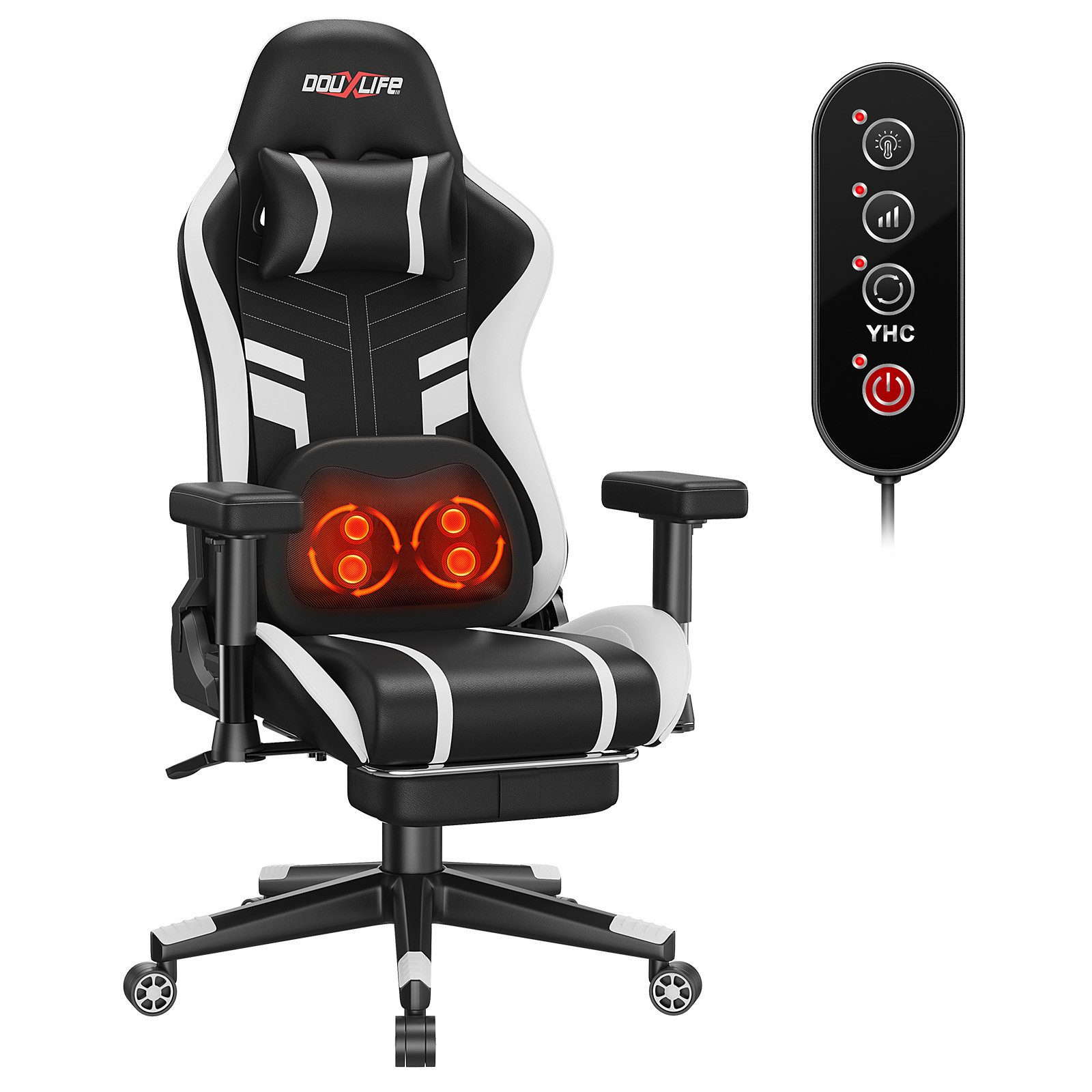 Insma Gaming-Stuhl Ergonomisch Bürostühle mit Knet-&Heizmassage, Wippfunktion bis zu 175°, Computer-Stuhl mit Lenden- & Kopfkissen, 181kg Belastbarkeit