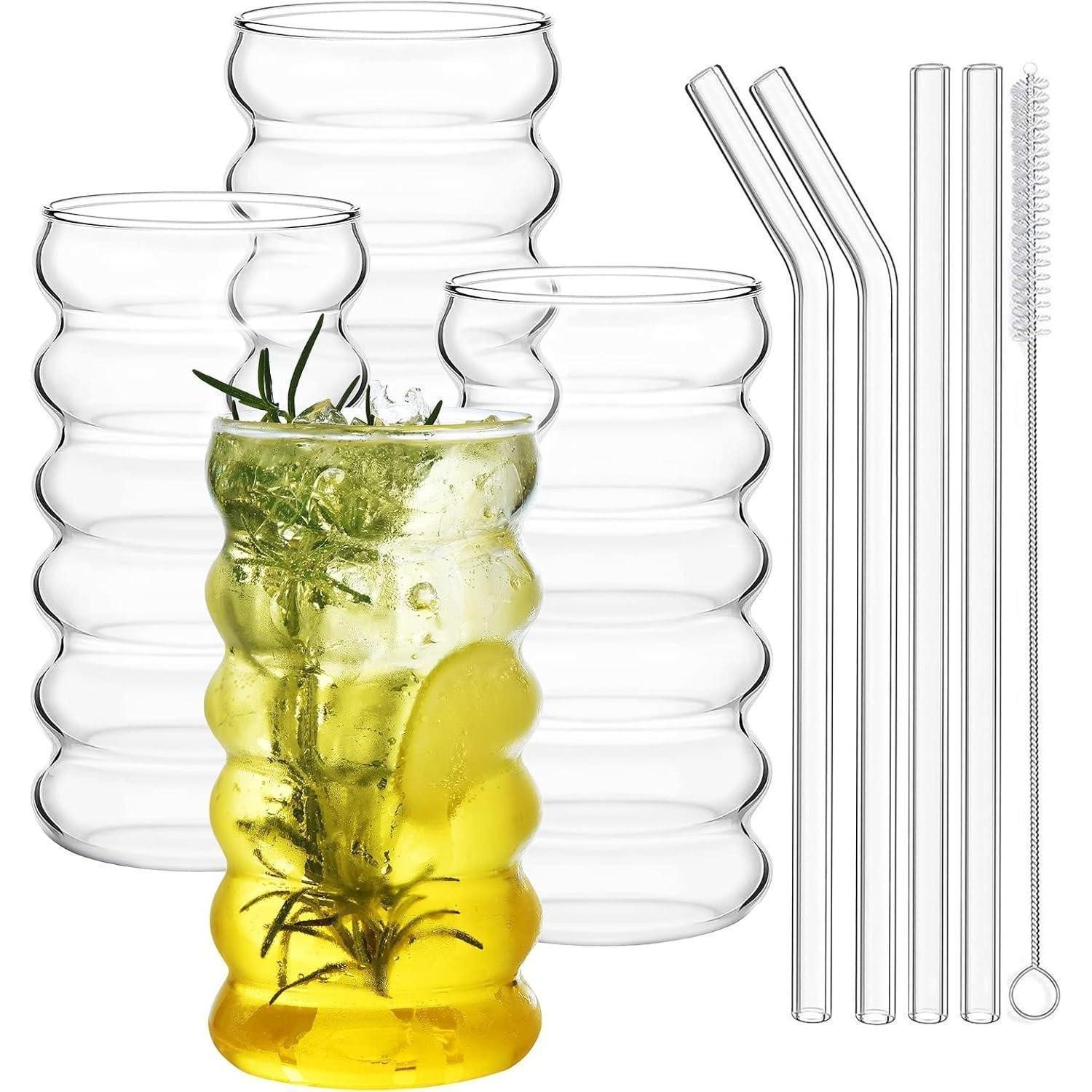 LuxusKollektion Gläser-Set Gerippte Trinkgläser Set of 4 with Glass Straws 475ml Bubble Wave, Glas