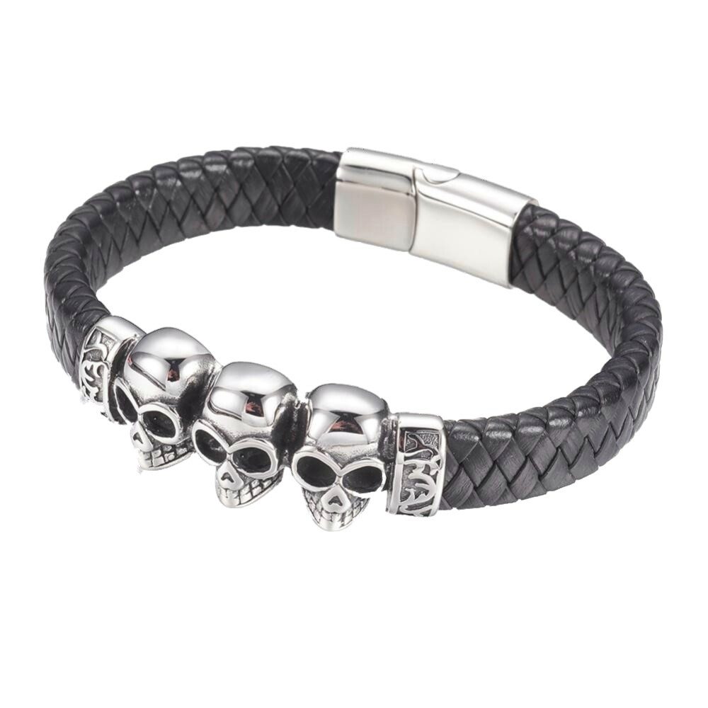 Westernlifestyle Lederarmband Stabiles Lederarmband geflochten mit 3 Totenköpfen aus Edelstahl