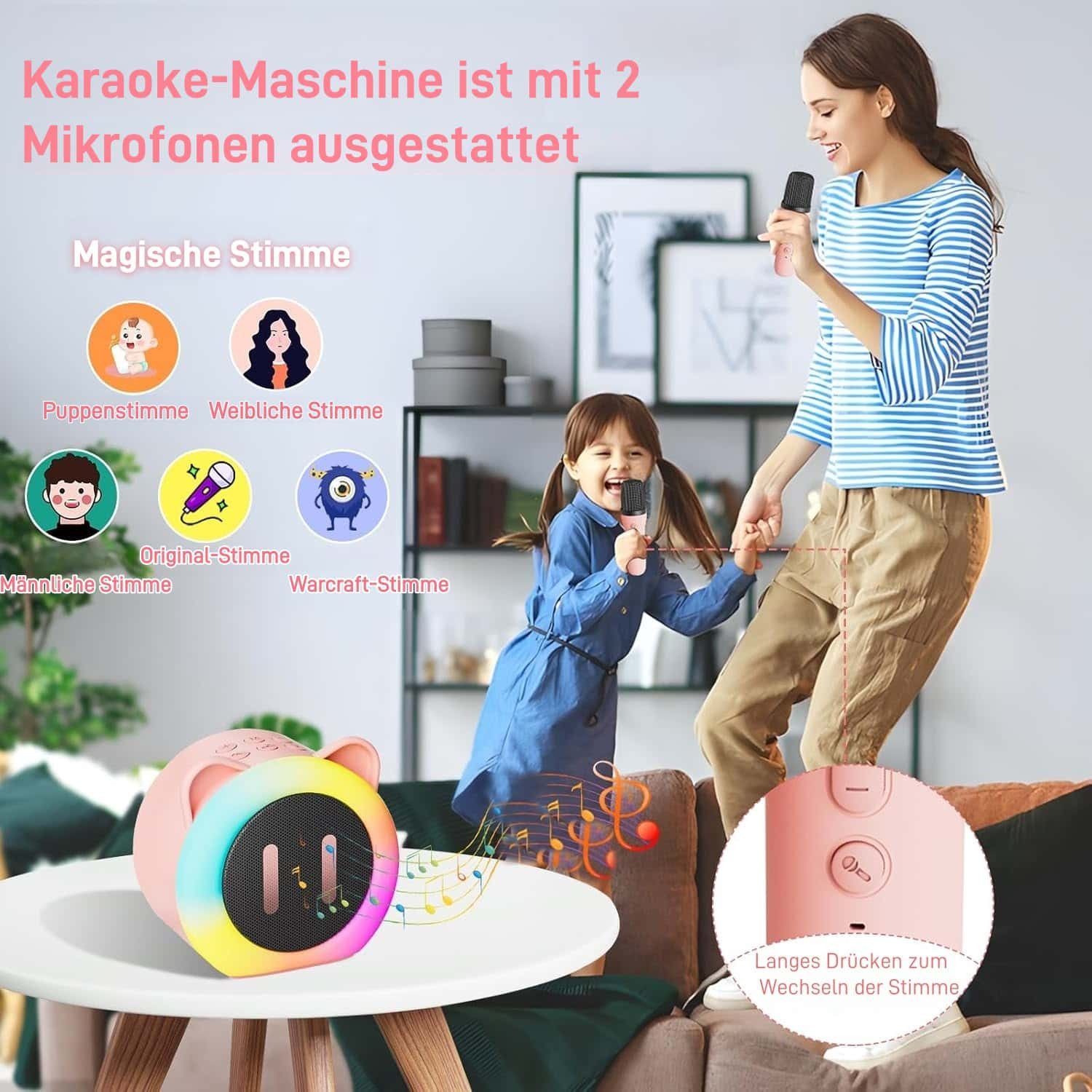 ibettertec Mikrofon Mini Bluetooth Karaoke Maschine mit 2 Drahtlosen Mikrofonen (mit Sprachveränderungseffekten und LED-Licht), Tragbare Bluetooth Lautsprecher Box, Jungen Mädchen Geschenke