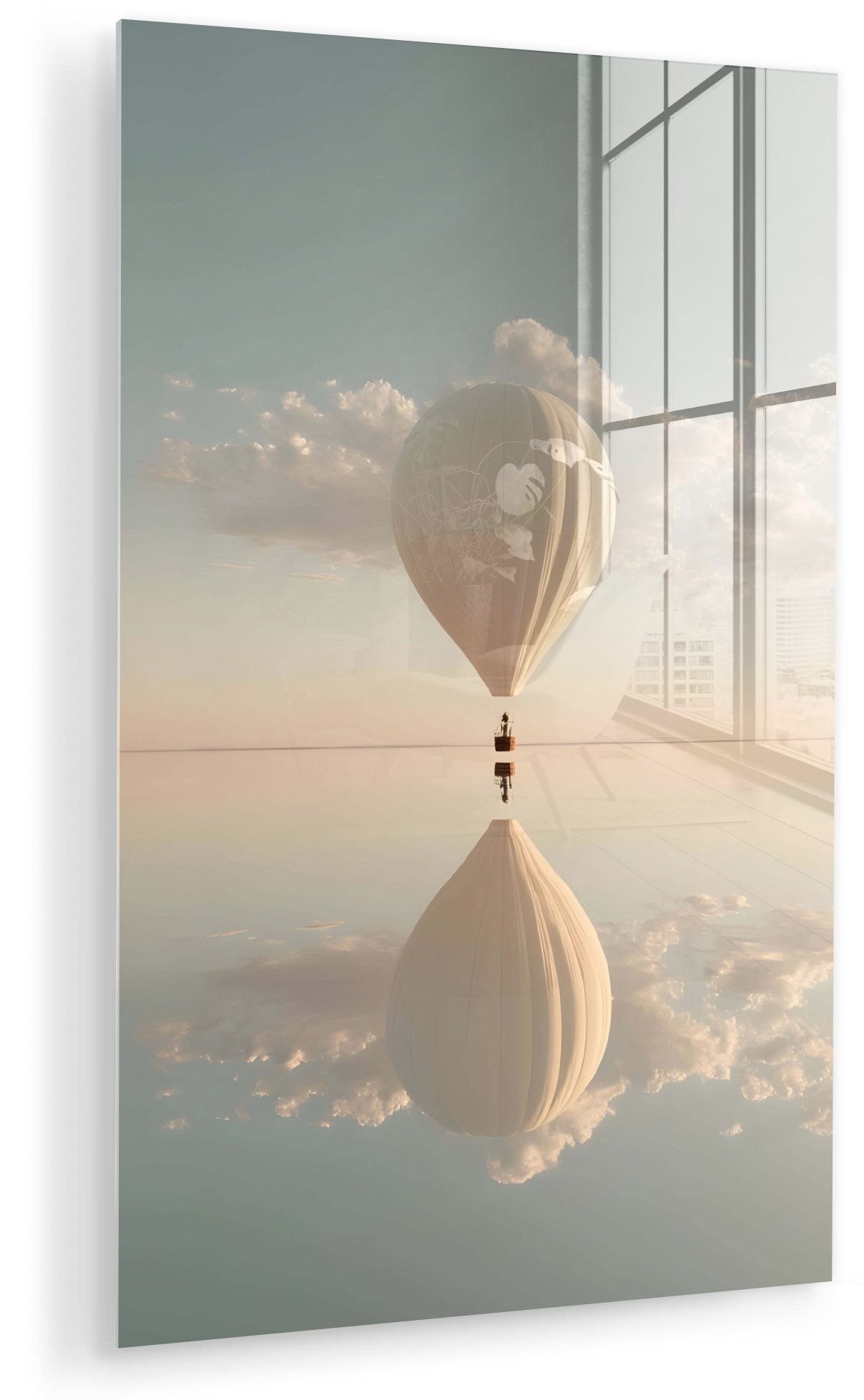 MuchoWow Acrylglasbild Heißluftballon - Wolken - Wasser - Blau, Inkl. Aufhängung, Dekorative Bild für Küche & Wohnzimmer auf Glas, 20x30 cm