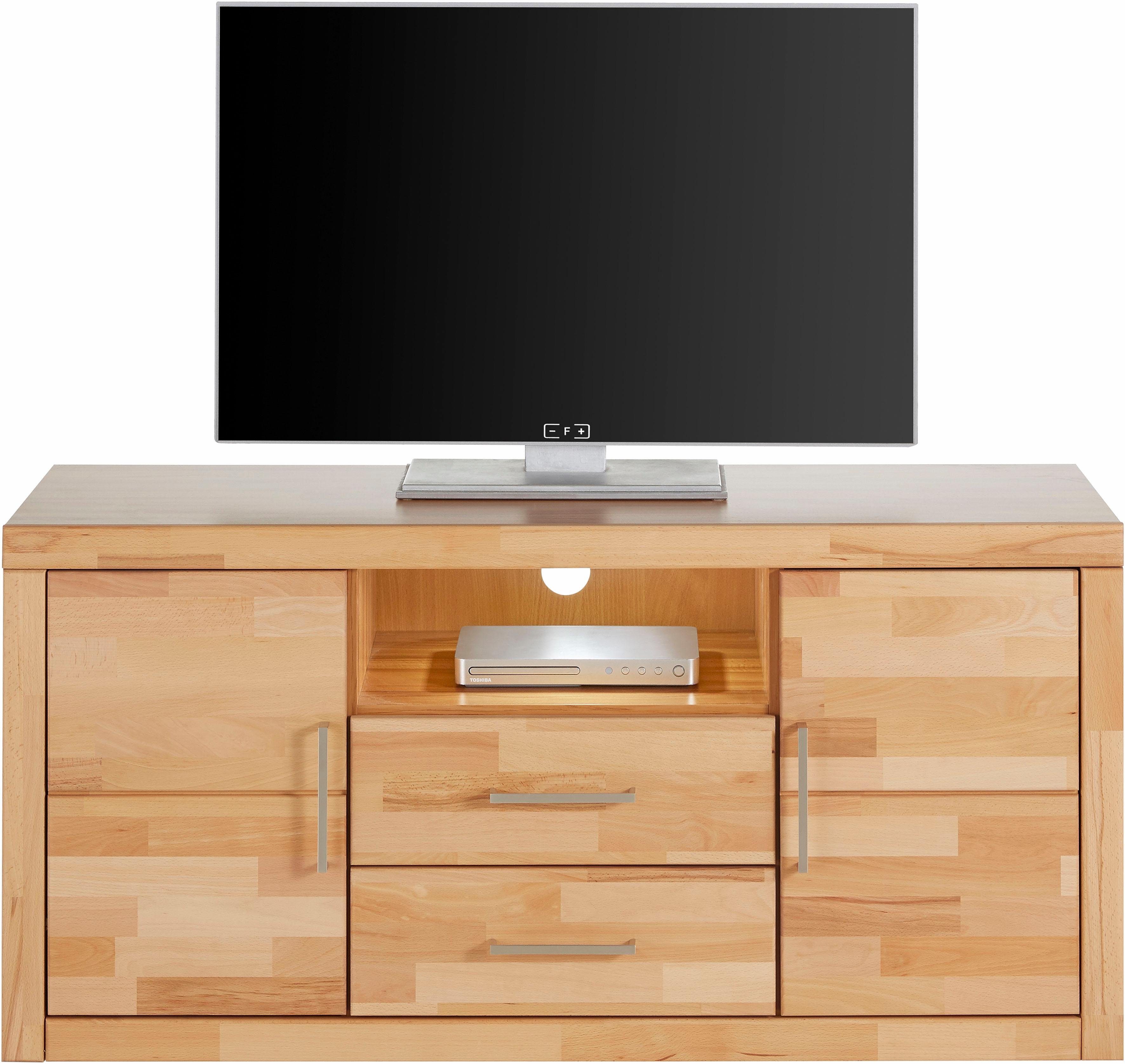 OTTO home Lowboard Logo,130cm breit, Fronten Massivholz,5 Fächer, Holz massiv, Holzwerkstoff, Metall Griffe,2 Türen,2 Schubladen