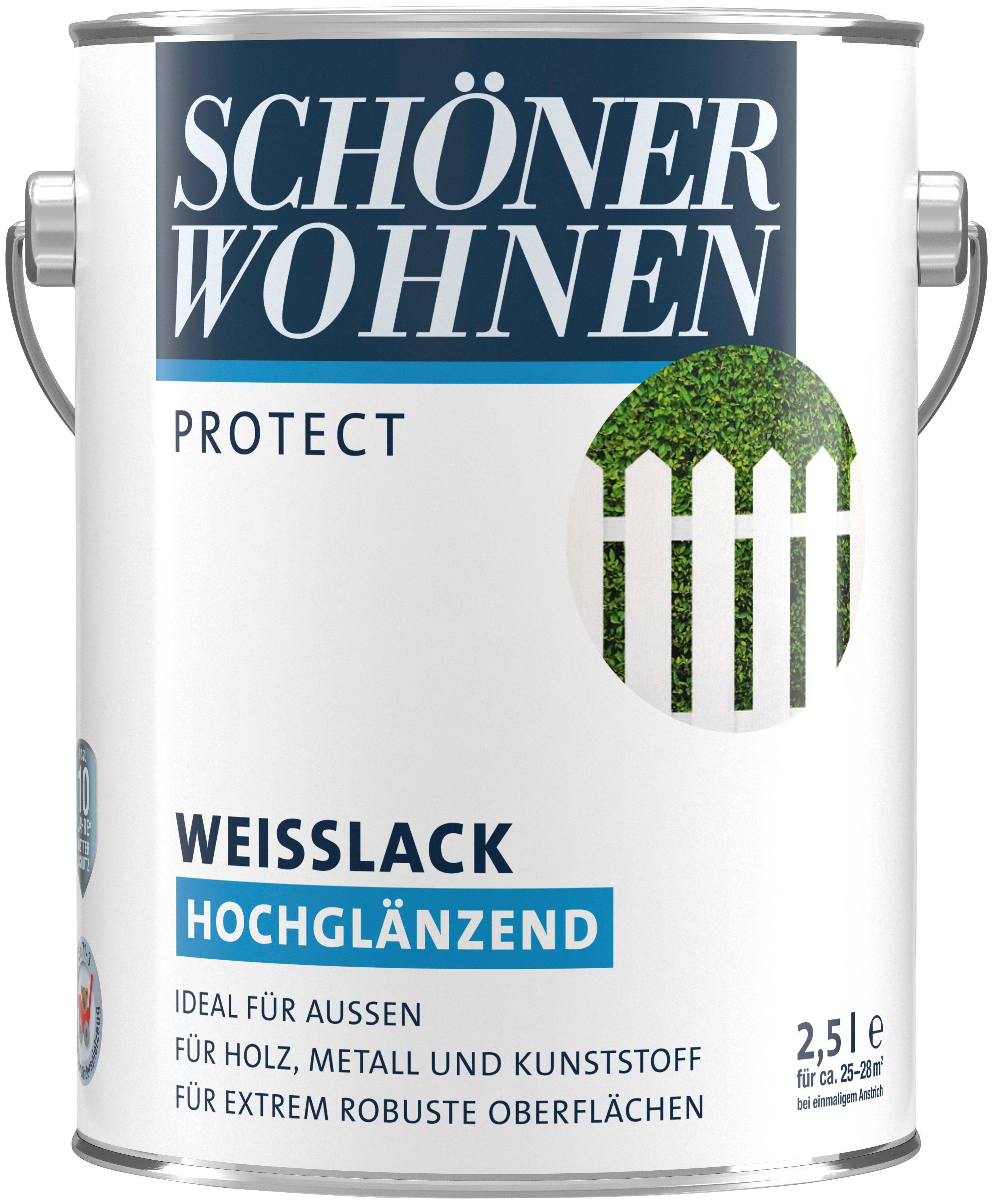 2,5 Weißlack FARBE WOHNEN SCHÖNER weiß, ideal für außen, Liter, Protect, hochglänzend