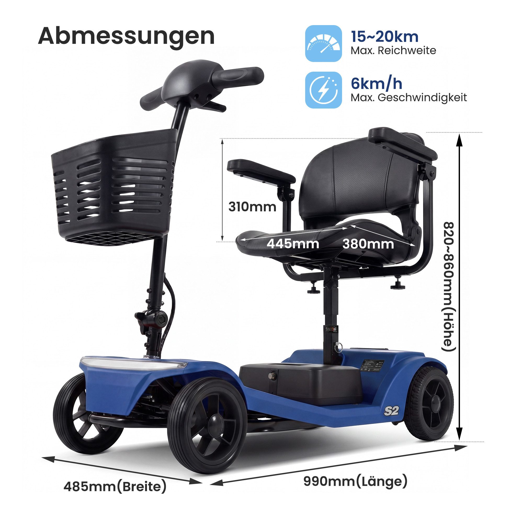 LVHOM Elektromobil faltbar Seniorenmobil, 4-Rad-Elektroroller, Rw. 25km, 12Ah, 250 W, 6 km/h, (abnehmbar Blei-Säure-Ionen Batterie + Handy-Ladeanschluss + vorderer Aufbewahrungskorb + abnehmbar/atmungsaktiv/höhenverstellbarer Sitz + verstellbarer Lenker + XXL-Fußraum), 136 kg Tr.Kr. Gesamtgewicht: 37kg