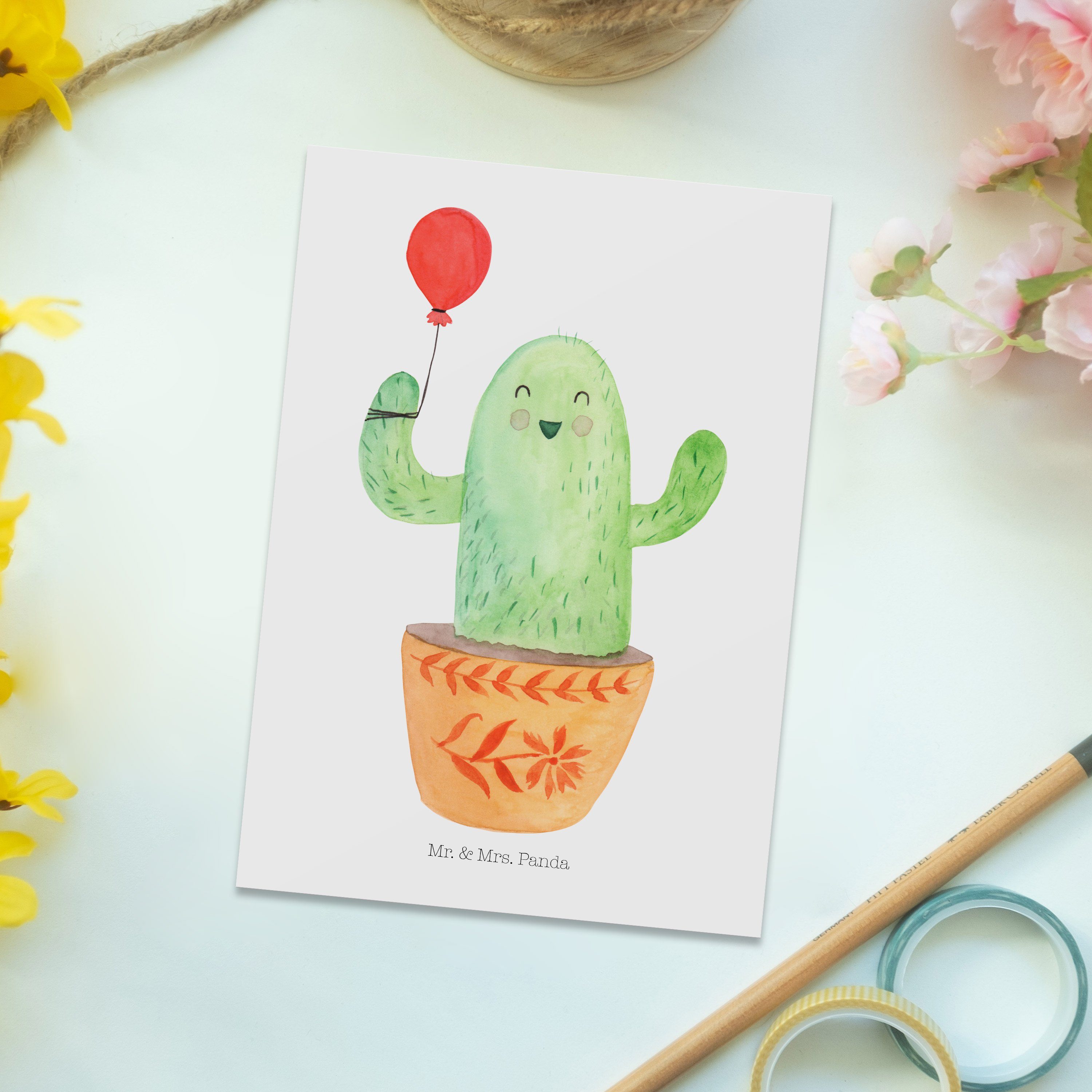 Luftballon Neustart, - Einladu Postkarte Weiß - Mr. Mrs. & Geschenk, Ansichtskarte, Kaktus Panda