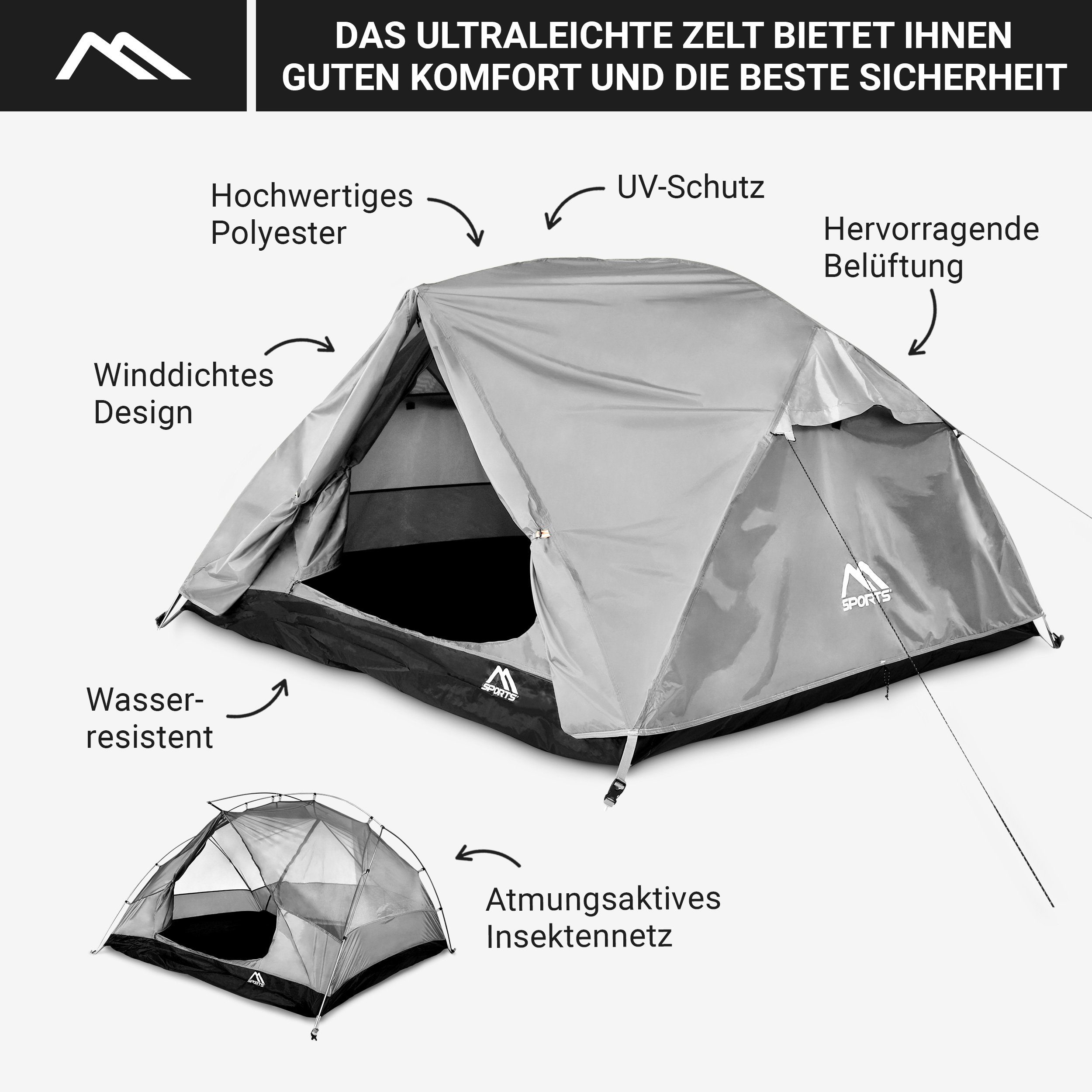Würfelzelt Grau Zelt Personen Wasserdicht MSports® Campingzelt Kuppelzelt Winddicht für Zelt 3 Ultraleicht Igluzelt