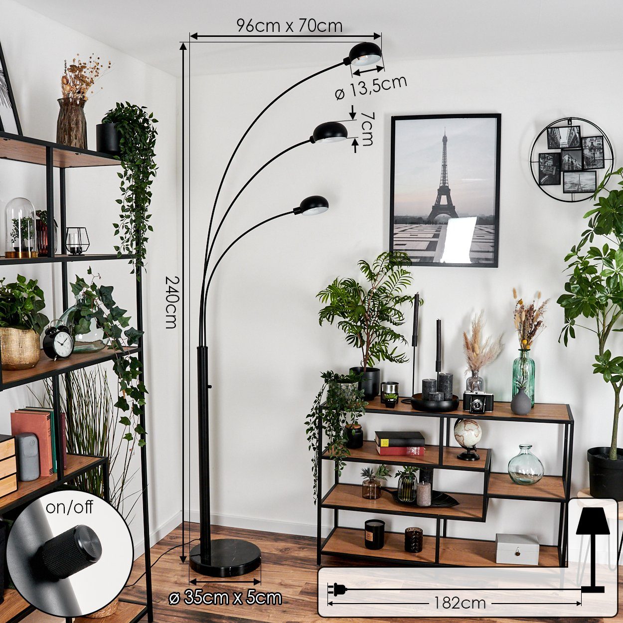 hofstein Stehlampe Stehlampe aus Metall/Glas in Schwarz/Weiß, ohne Leuchtmittel, verstellbare Schirme, An-/Ausschalter,240cm, 3 xE14, ohne Leuchtmitte