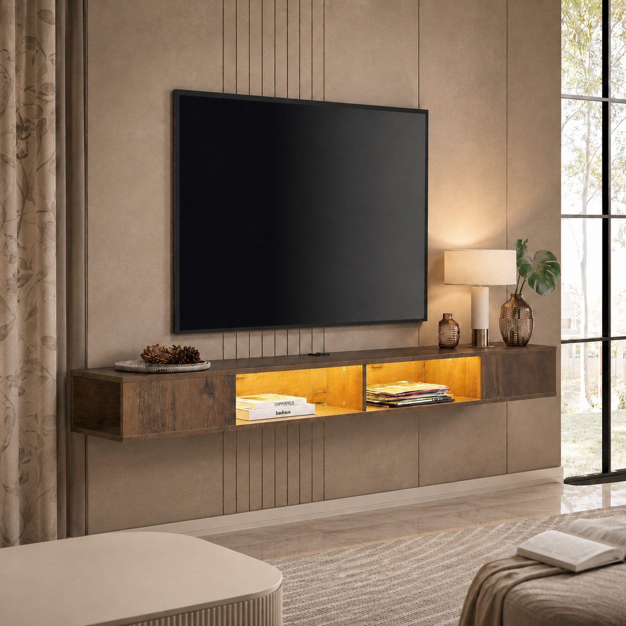 WAMPAT Lowboard ca. 180 cm breiter hängender TV-Schrank mit 4 Fächern (für Fernseher bis 80 Zoll, mit LED-Beleuchtung), TV Board, offene Seiten