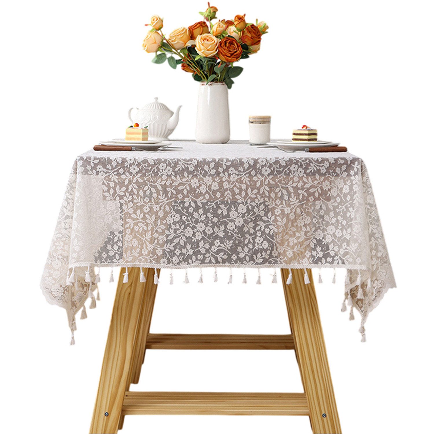 Tischdecke Tischdecke Spitze,mit Quasten,pflegeleicht,fleckabweisend