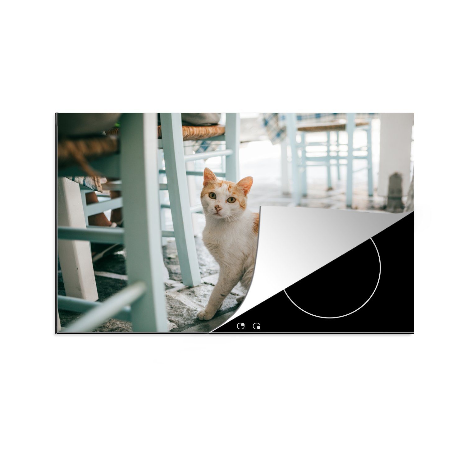 MuchoWow Herdblende-/Abdeckplatte Katze - Stuhl - Boden, Vinyl, (1 tlg), 81x52 cm, Induktionskochfeld Schutz für die küche, Ceranfeldabdeckung