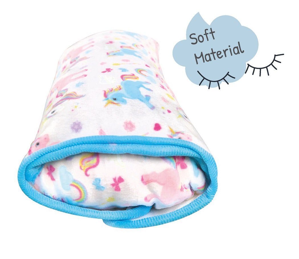 HECKBO Schlafkissen Auto Schlafkissen Einhorn Motiv für Kinder Mädchen Jungen - maschinenwaschbar – kuschelweich - Auto Gurtkissen, Gurtschoner, Gurtschutz Sitzerhöhung, Auto Kissen, Reisekissen, Urlaub
