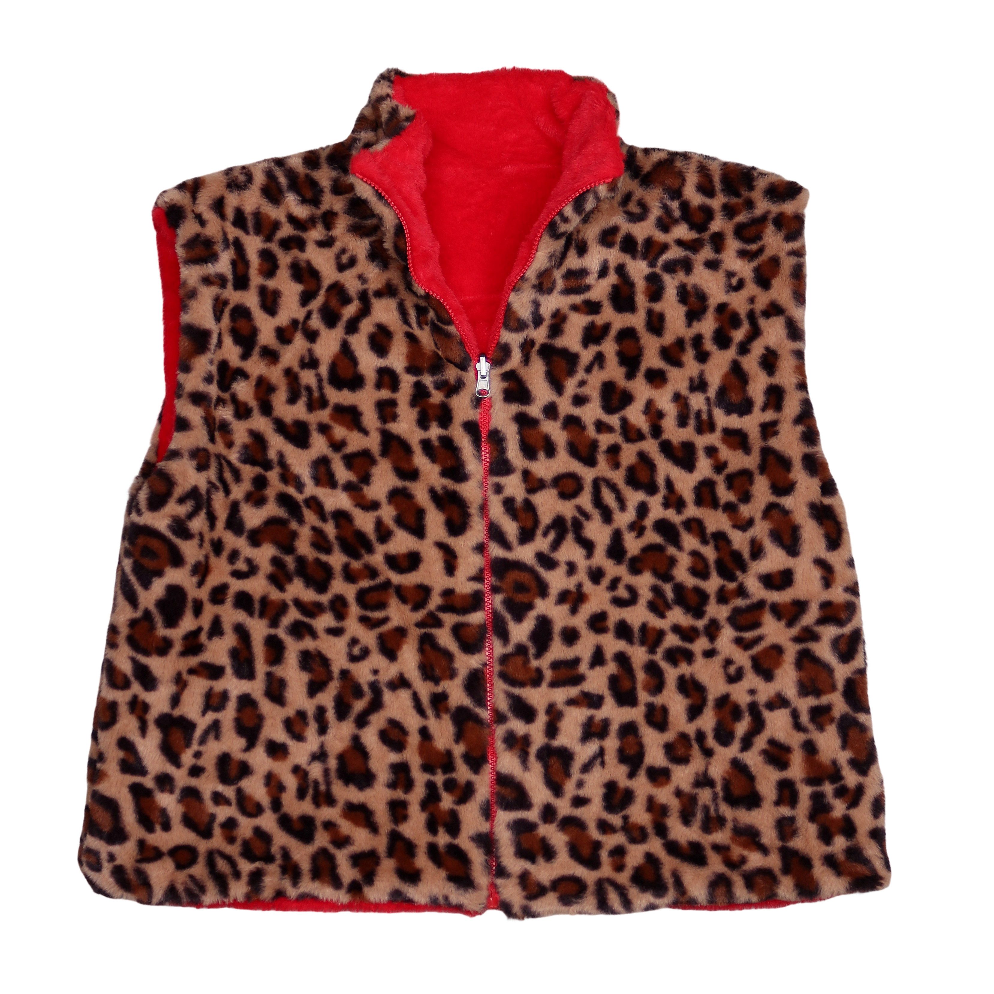 MIRROSI Plüschweste Damen Wendeweste Plüsch – Teddy Weste mit Leo Muster (One Size – passend ca. für Größe 38, 40,42 und 44) beidseitig tragbar – Reißverschluss & 4 Taschen