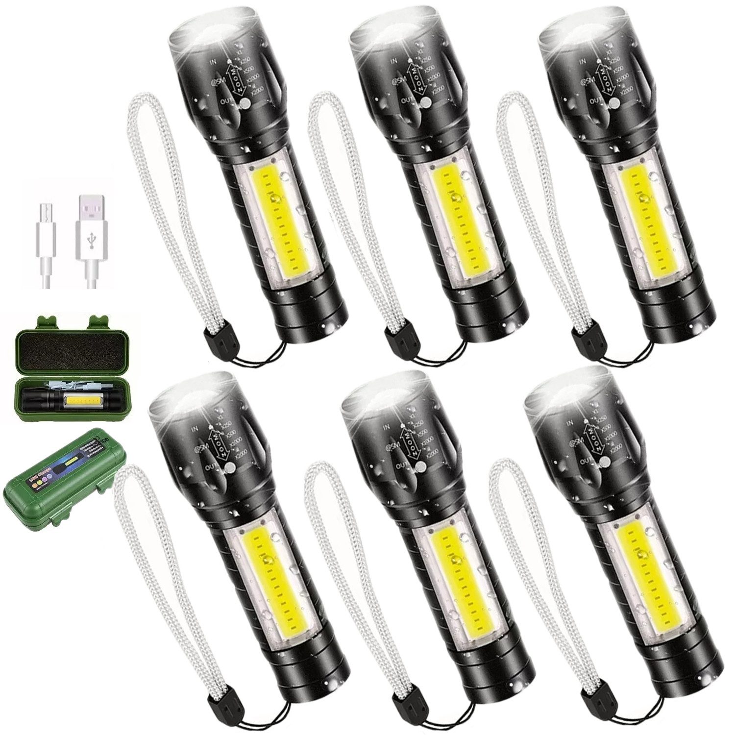 ZEUOPQ LED Taschenlampe 6er Set USB Aufladbar Handlampe Handheld Taktische mini Mobilleuchte (2000LM mit USB-Ladefunktion, 4 Lichtmodi & COB-Seitenlicht, 6-St), wasserdicht, tragbar, ideal für Camping, Wandern, Outdoor & Notfälle