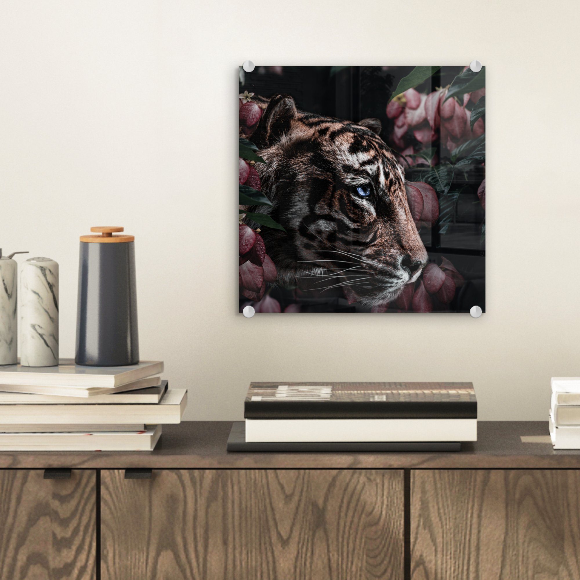 MuchoWow Acrylglasbild Tiger - Blumen Glas - Glasbilder Pflanze, Wanddekoration Glas St), - auf auf Wandbild Foto Bilder (1 - 