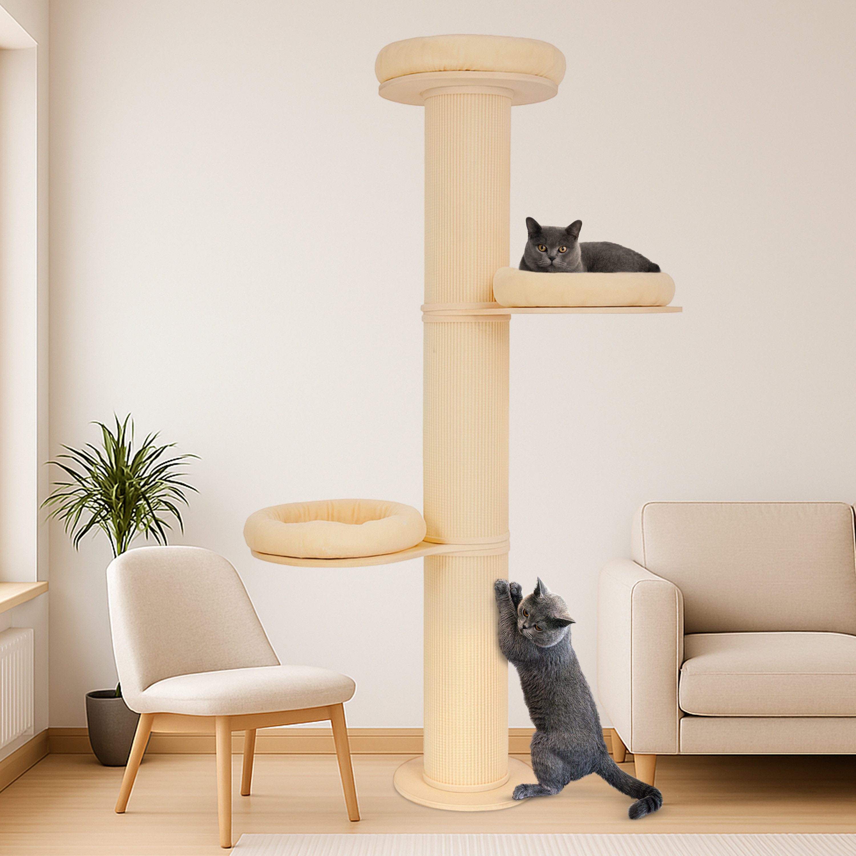 PET VIOLET Kratzbaum wandmontiert 126 oder 185 cm XXL Katzenbaum I Premium Sisal Säulen, Kissen abnehmbar & waschbar, Premium Sisal, XXL Katzenbaum185 cm hoch