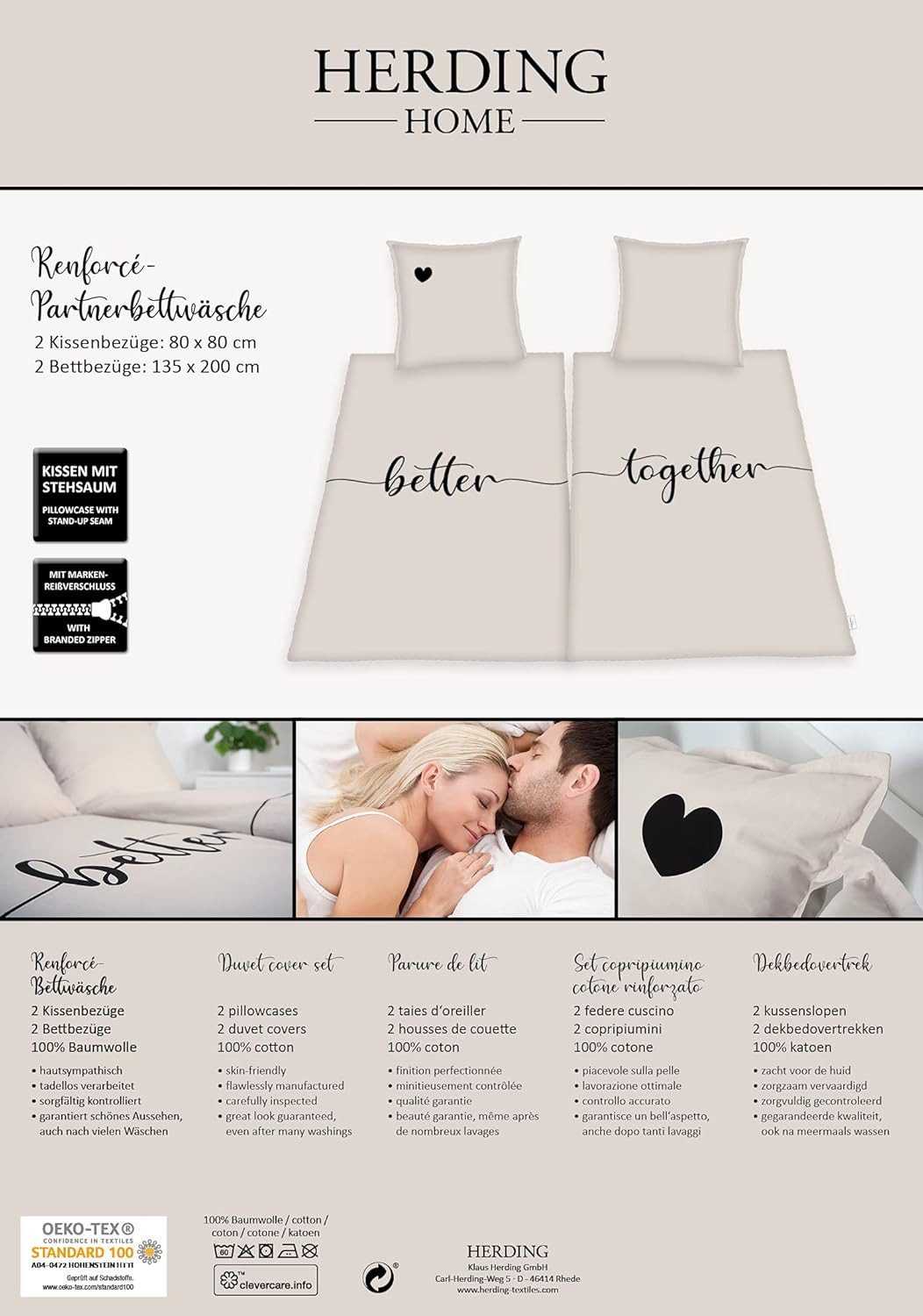 Herding Bettwäsche Better Together - Partner-Bettwäsche-Set, 4-teilig, 135x200 & 80x80, Baumwolle, 100% Baumwolle – Bild 4 von 5