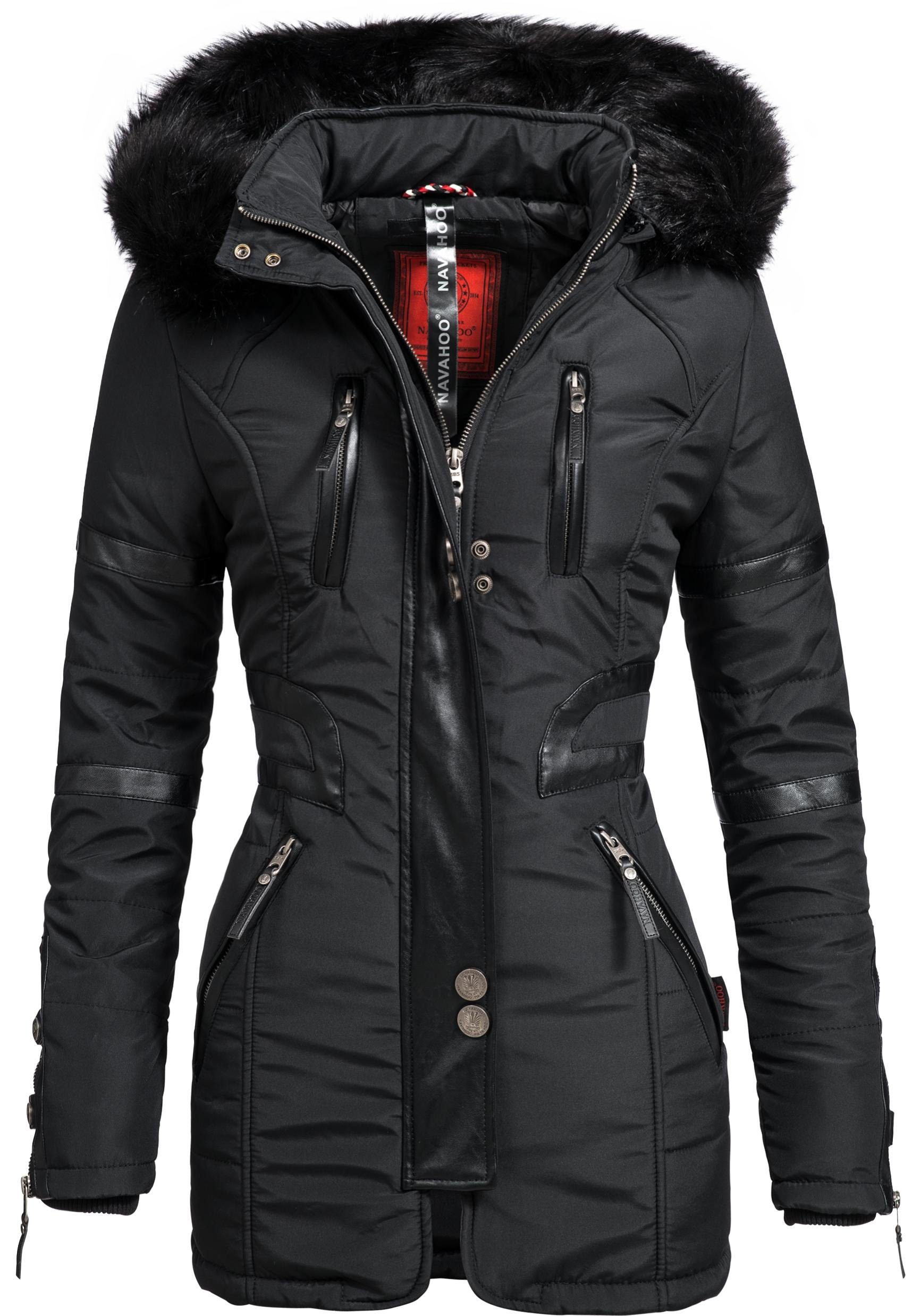 Navahoo Wintermantel Moony stylischer Damen Winter Jacke mit Kapuze schwarz
