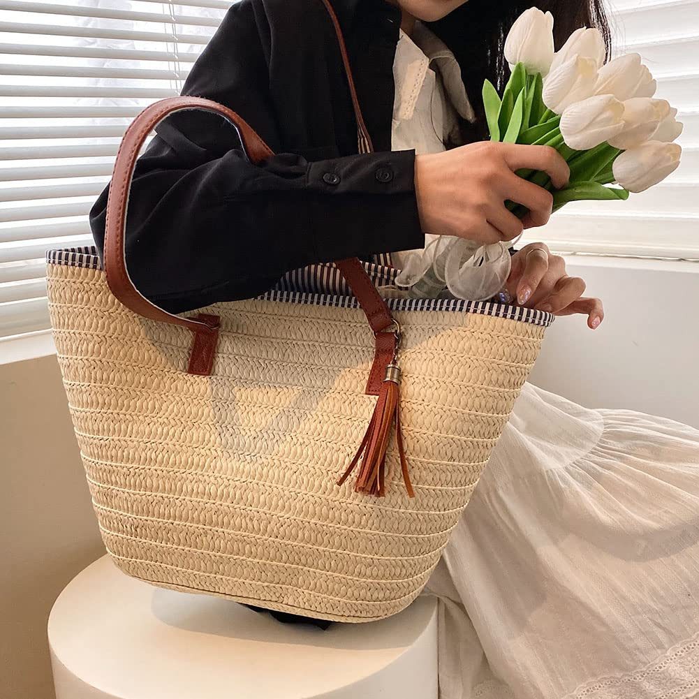 Coonoor Strandtasche Stroh Strand Schultertasche Tasche,Damen Sommer Böhmische Handtasche, für Reisen Strand Reise Schule Arbeit Einkaufen