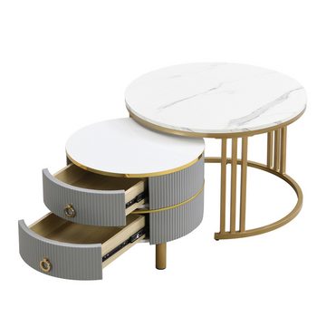 PFCTART Couchtisch 2-in-1 runder MDF-Couchtisch, mit 2 Schubladen, Beistelltisch, Beistelltisch mit glänzender Platte und 1 weißer Marmorplatte