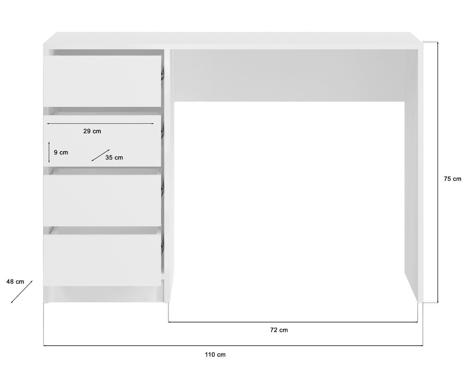 4 Schreibtisch in 110 75 (Laptoptisch cm), Emma Hochglanz, xonox.home mit x weiß Schubladen