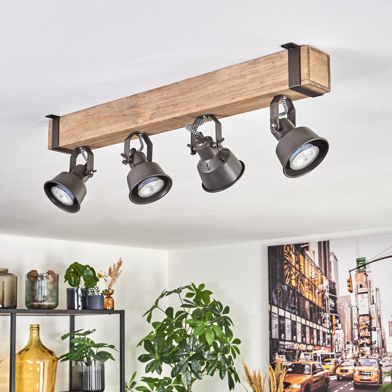 hofstein Deckenleuchte Deckenlampe verstellbar aus Metall/Holz in Grau/Naturfarben, ohne Leuchtmittel, Deckenleuchte im Industrial/Retro/Vintage-Design m. Holzbalken, 4xGU10
