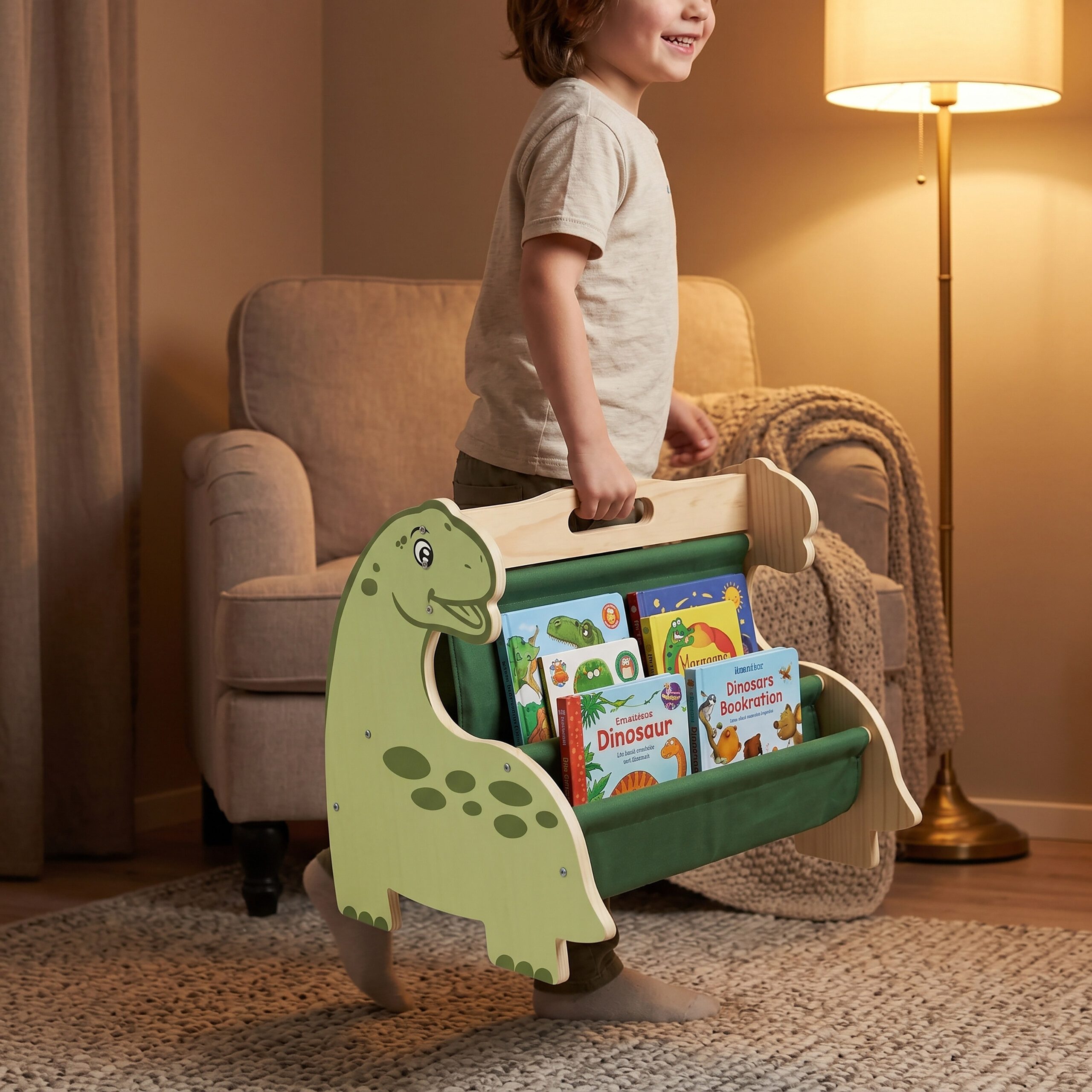 relaxdays Kinderregal Bücherregal Kinder 4 Stofffächer, Dino – Bild 3 von 5