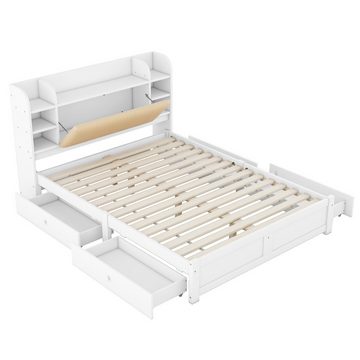 DOPWii Bett 160*200cm Flachbett,Teilweise Aufklappbares Kopfteil,Vier Schubladen, Holzbett,Mehrere Staufächer,Weiß