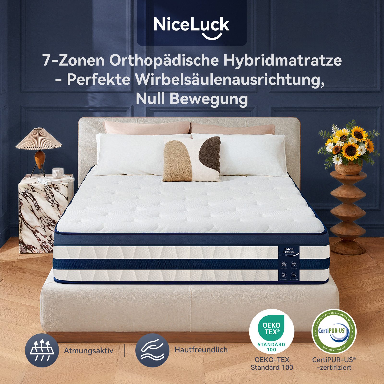 Taschenfederkernmatratze 7-Zonen Taschenfederkernmatratze Hybridmatratze-OEKO‑TEX® H3/H4, Niceluck, 26 cm hoch, Atmungsaktiv, kühlend, punktelastisch, 12‑Schich – Bild 3 von 5