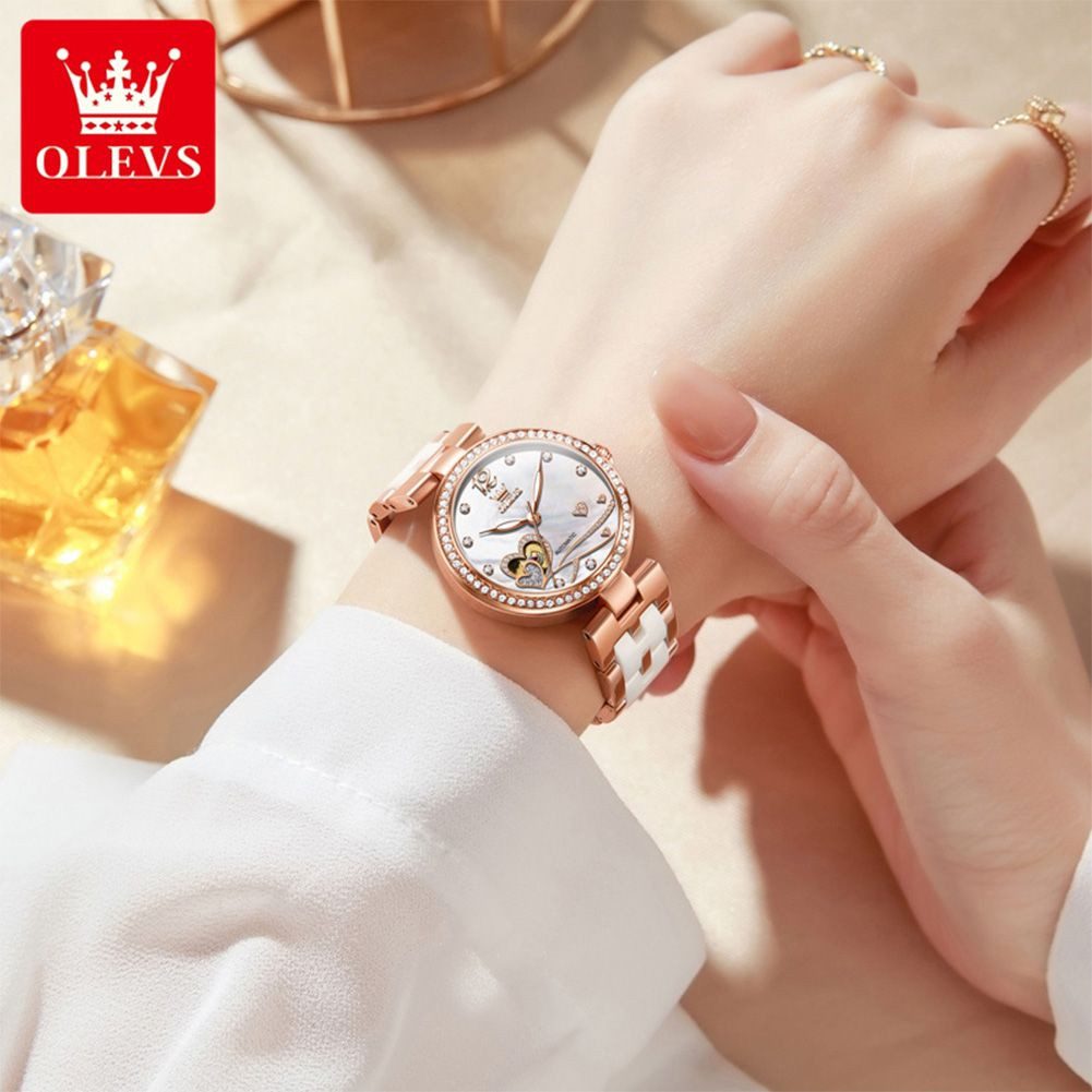 OLEVS Automatikuhr OLEVS Automatik Damenuhr Rosegold & Weiß Keramik, Herz-Design 7086