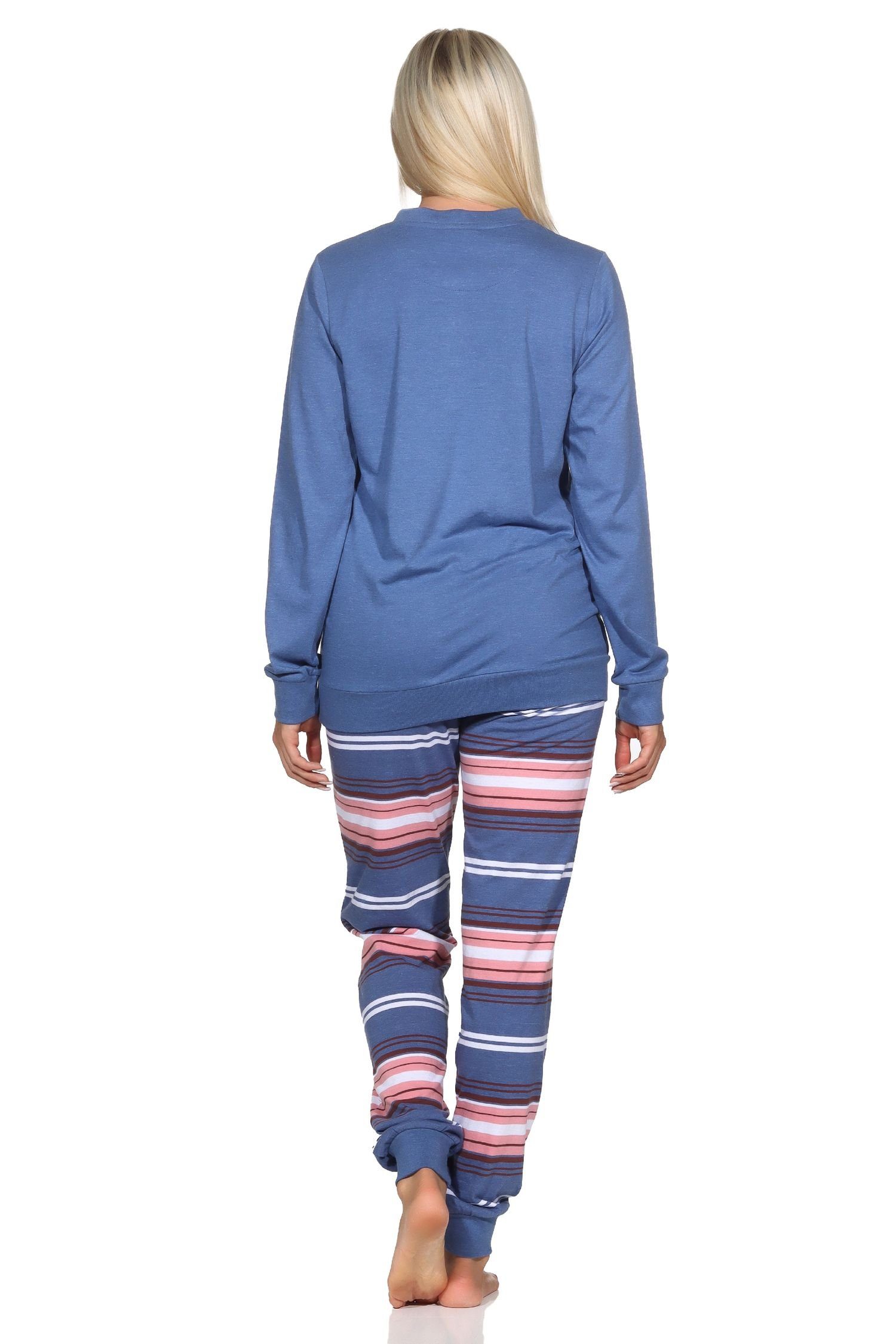 Damen gestreifter langarm und blau-mel. mit Bündchen Pyjama Hose Pyjama Normann Normann