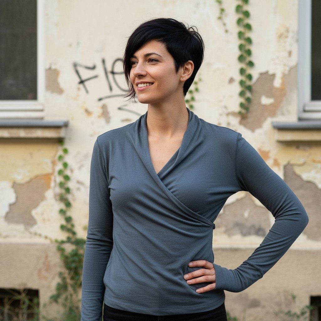 Guru-Shop Longsleeve Langarmshirt im Wickellook mit Daumenloch,.. alternati günstig online kaufen