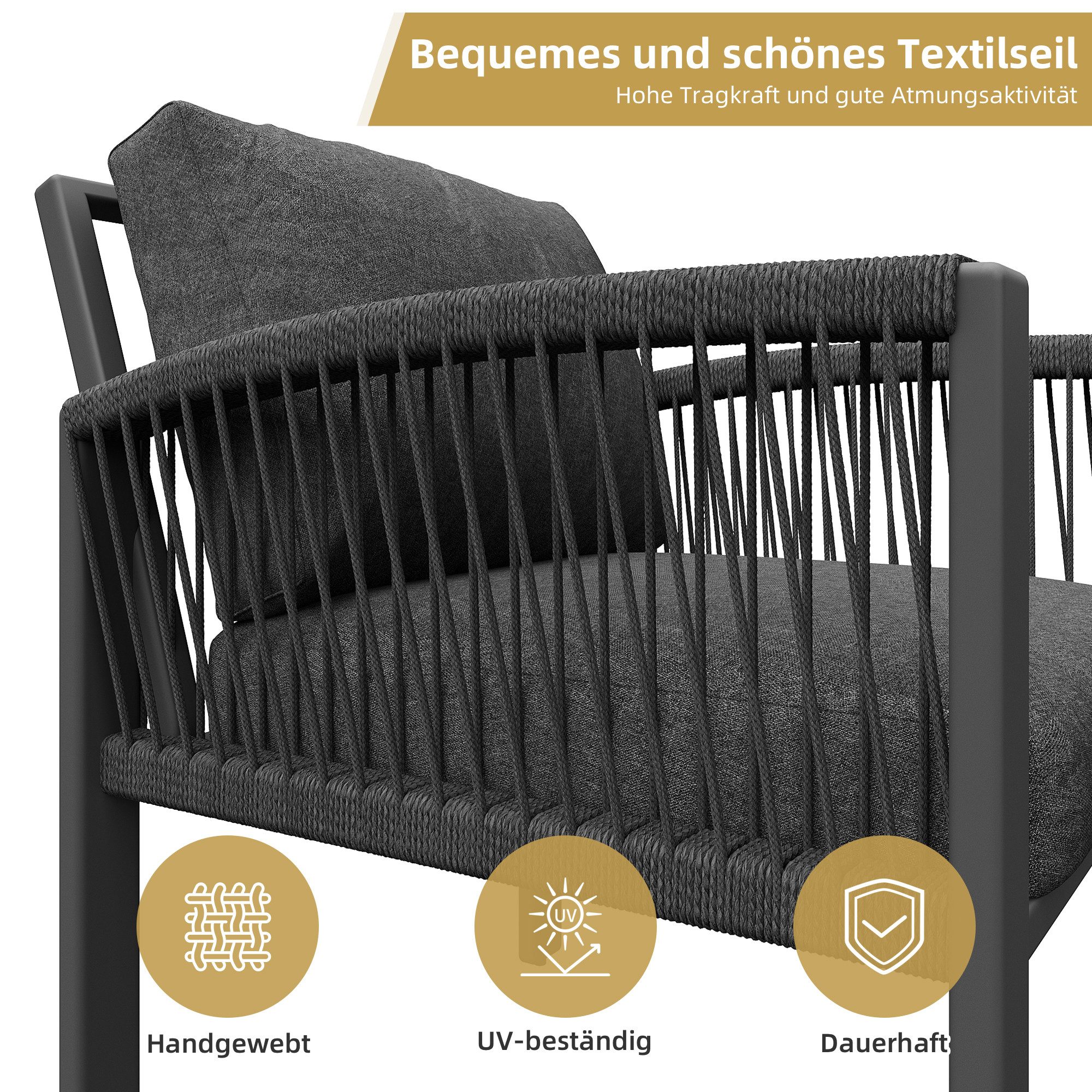 Celya Gartenlounge-Set Gartenlounges Balkon, Gartenmöbel Set für 8 Personen, Seilwerk, (mit verzinktem Eisengestell, verstellbare Beine, alle Sitz- und Rückenkissen inklusive, Grau), Möbelset für 8 Personen, Seilwerk, großer Tisch mit Holzmaserung