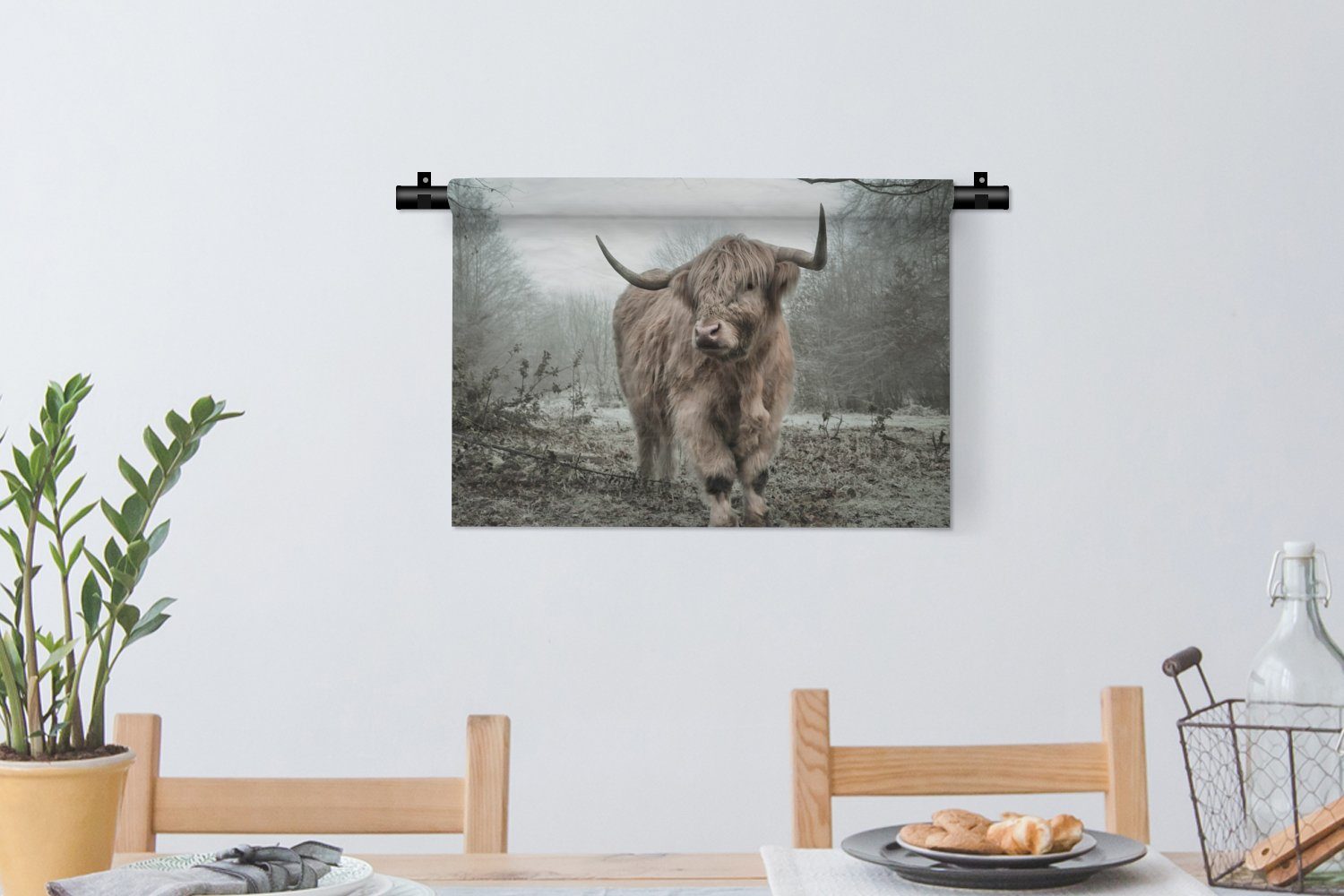 Schottische Kinderzimmer Herbst Schlafzimmer, Kleid, - Highlander - - Natur Wandbehang, Wohnzimmer, Wanddeko Wildtiere MuchoWow für - Wald, Wanddekoobjekt Tiere -