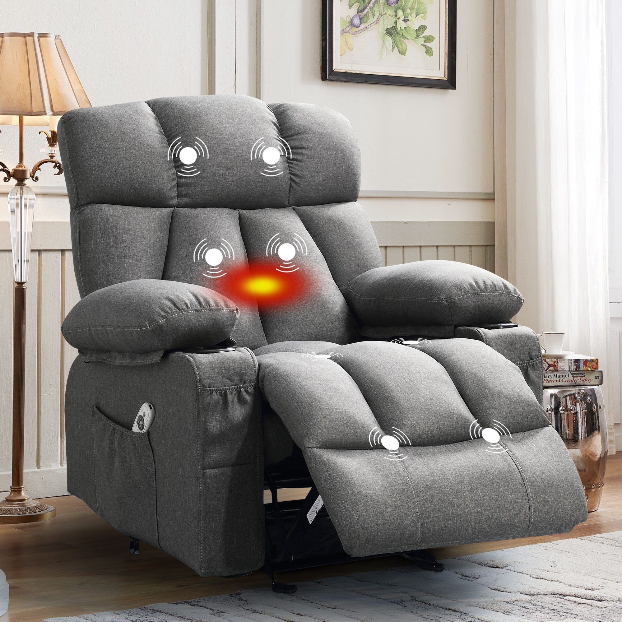 bosmiller Relaxsessel Elektrisch Massagesessel mit Wärmefunktion,Fernsehsessel Liegefunktion (1-St), mit 2 Seitentaschen Getränkehalter, 360°-Drehung für Wohnzimmer