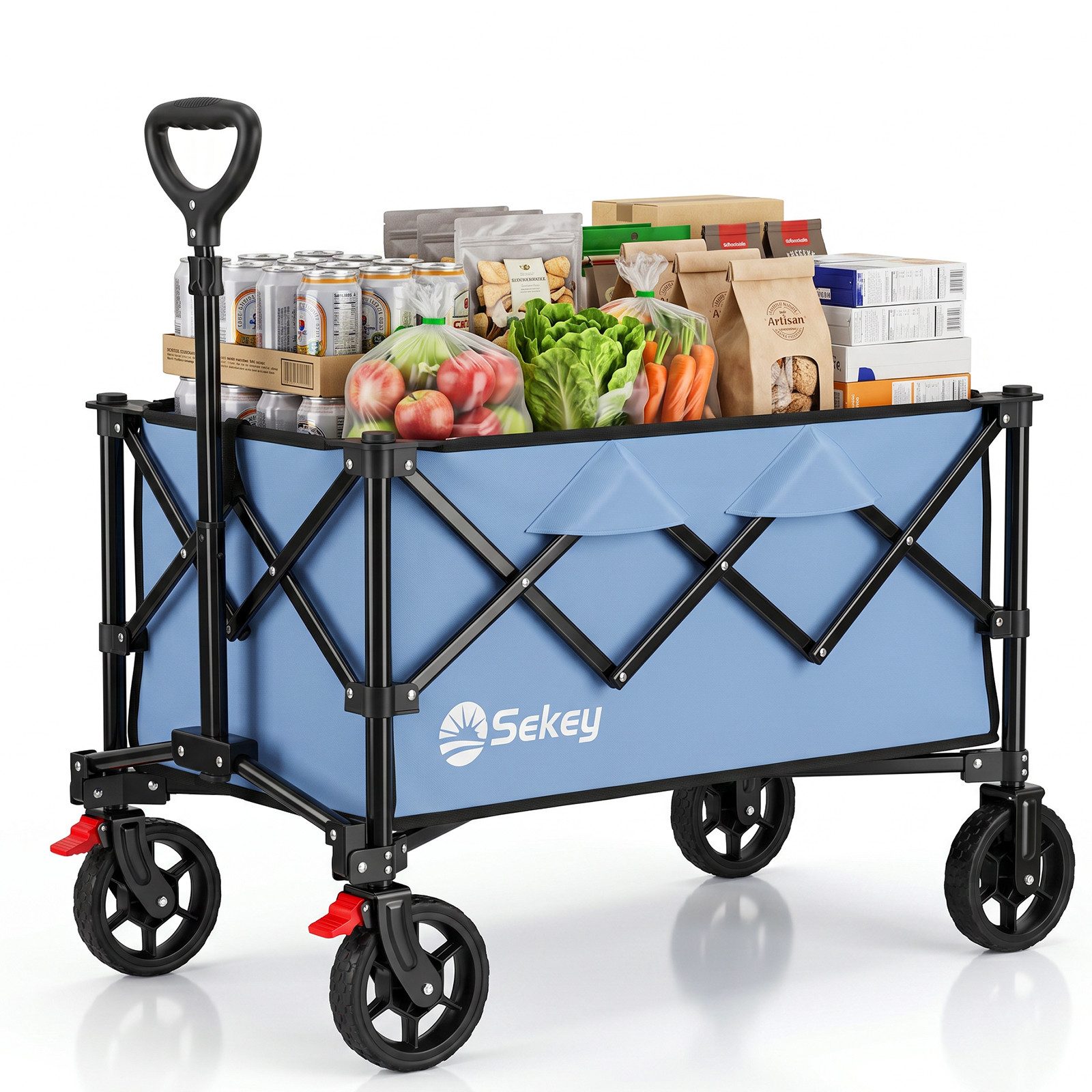 Sekey Bollerwagen Bollerwagen Faltbar Handwagen Belastbar bis 150kg Transportwagen, Zusammenfaltbar aus 4 Richtungen, mit verstellbarem Handgriff