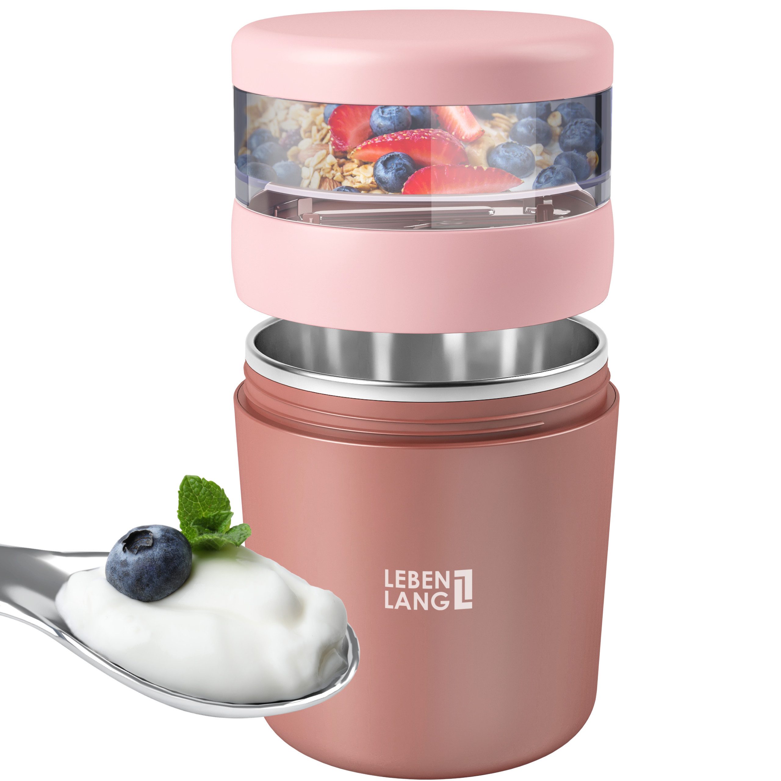 Lebenlang Aufbewahrungsbecher Müslibecher, Isolierende Edelstahlinnenwand, ToGo mit Löffel & 650ml, (500ml Becher, 150ml Aufsatz, Drehvershluss, faltbarer Löffel), Auslaufsicher & Perfekt für Schule, Kita, Büro oder Uni