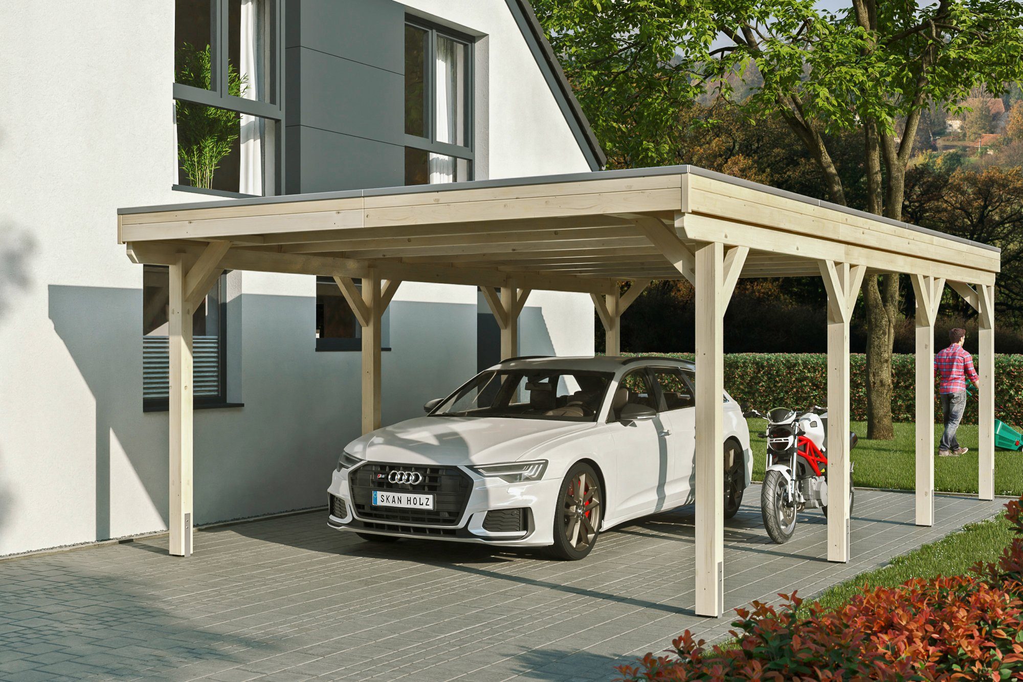 Skanholz Einzelcarport Grunewald, BxT: 427x796 cm, 395 cm Einfahrtshöhe, mit Aluminiumdach