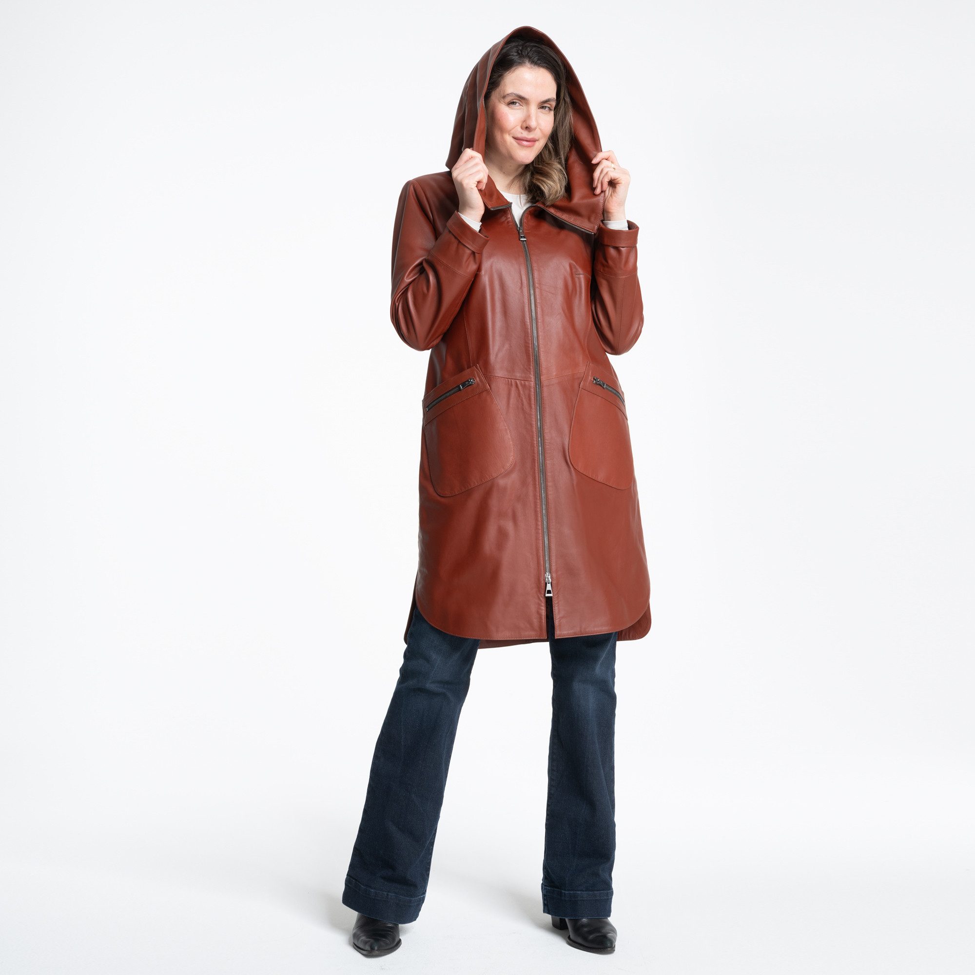 Mouflon Lederjacke Alina Echtleder-Mantel in moderner Long-Optik mit Kapuze.