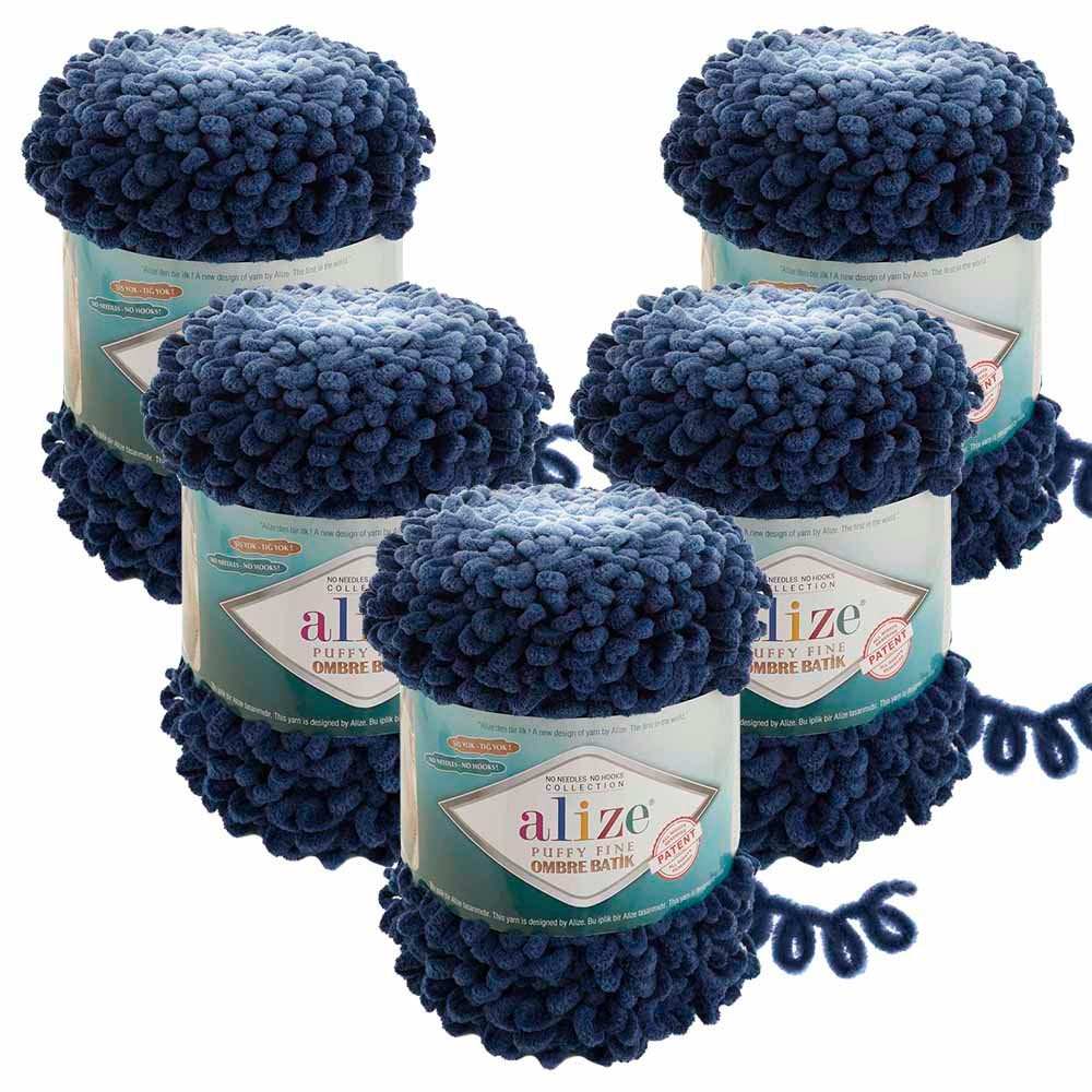 Alize 5 x ALIZE Puffy Fine Ombre Batik Häkelwolle, 14,6 m, Big Knäuel,Fingerknitting,Schlaufengarn,Samt-Garn