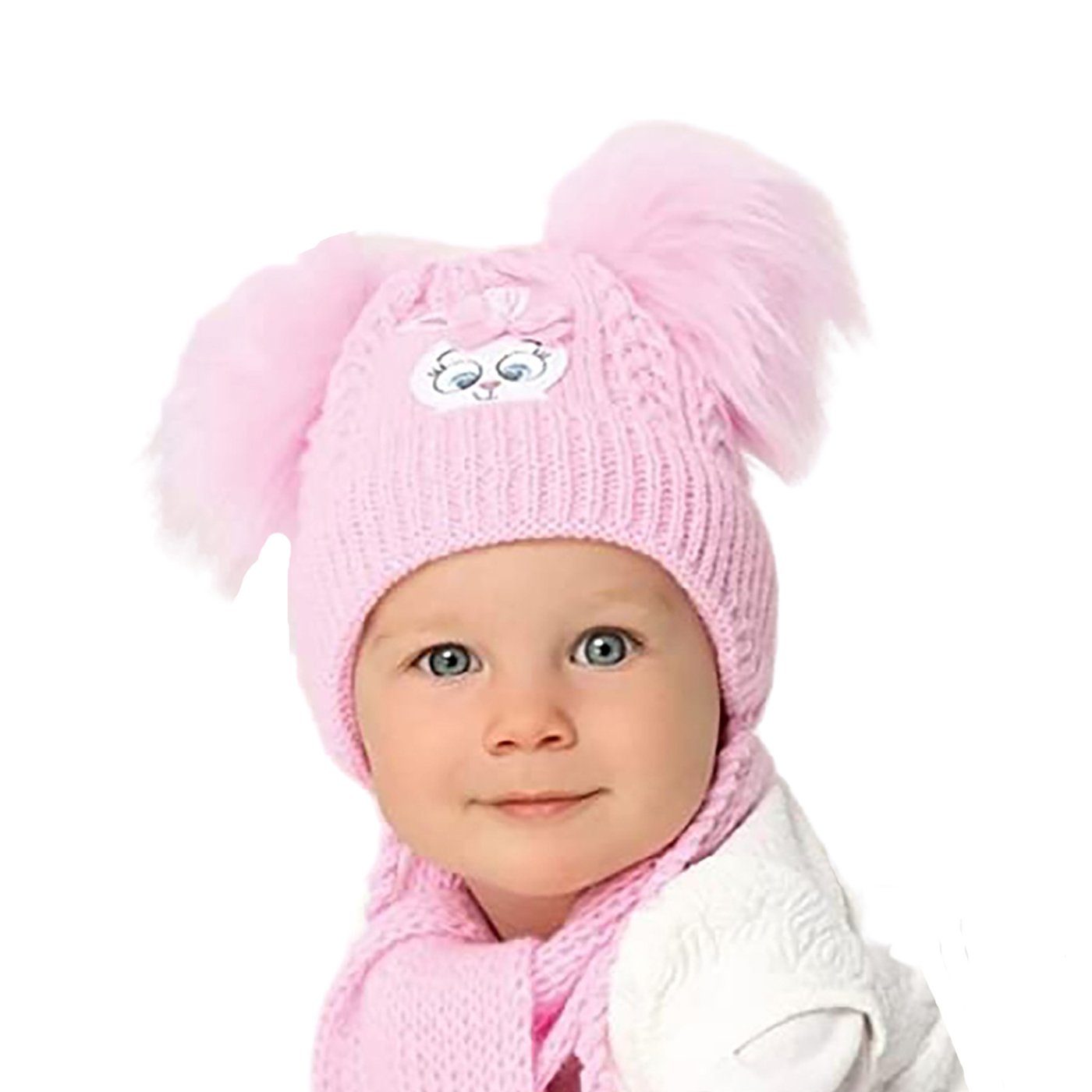 Smarilla Mütze & Schal Wintermütze Strickmütze Babymütze Winterset Schal zwei Bommel, Bindebänder
