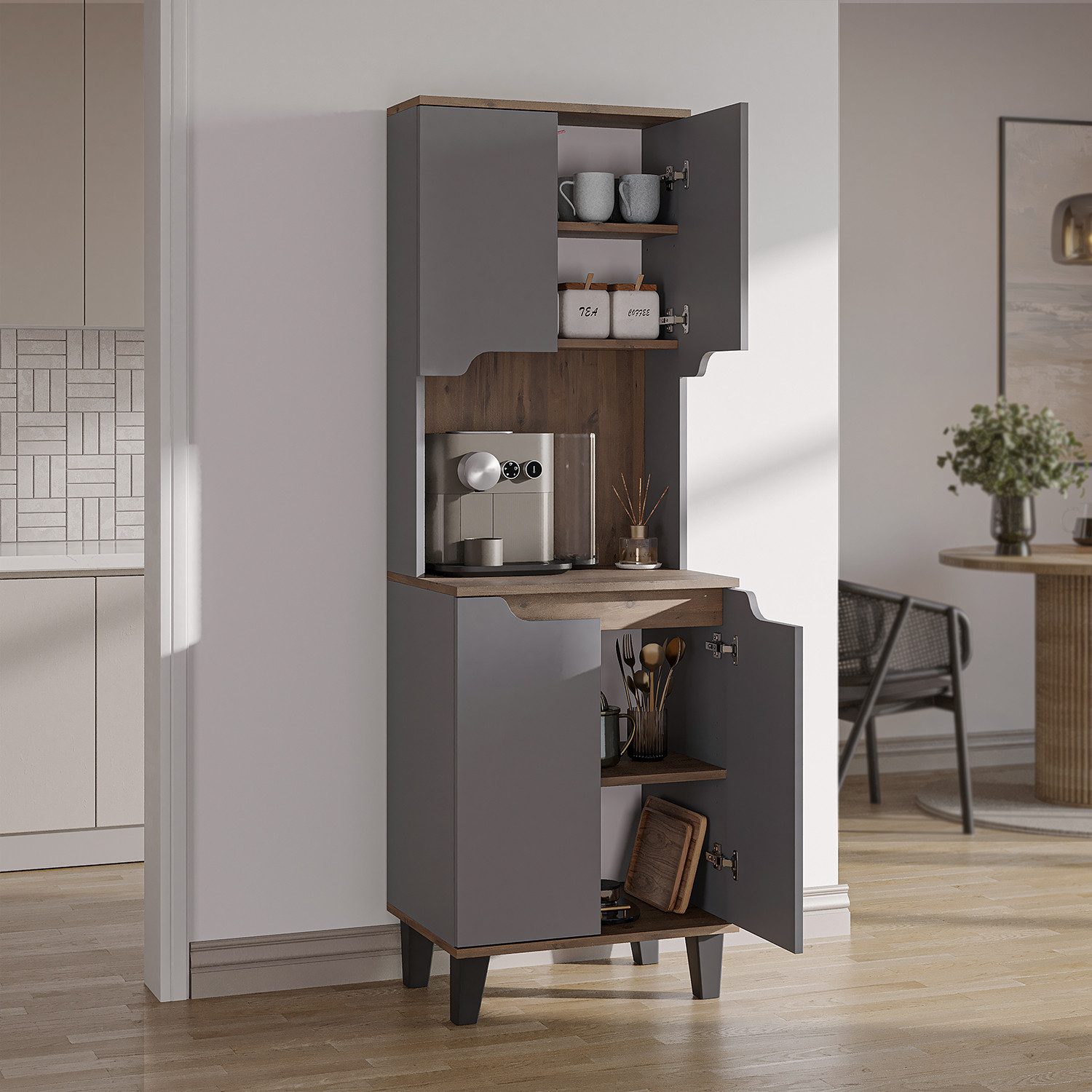 Roomart Küchenbuffet DEFNE mit Nische Kaffeebar Mikrowellenschrank Vorratsschrank, 5 Farben Offene Nische für Kaffeemaschine, 4 Türfächer