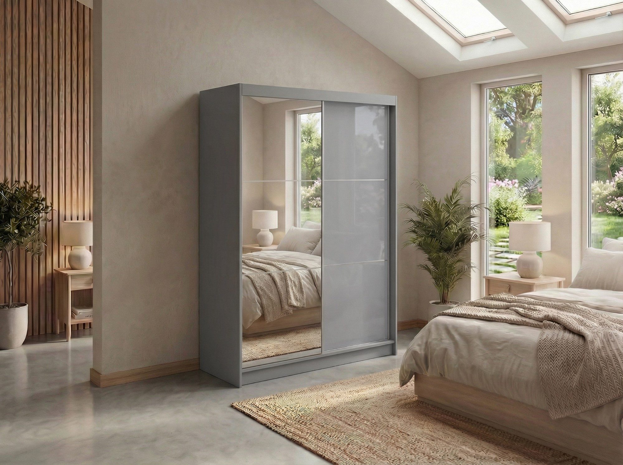 MKS MÖBEL Schiebetürenschrank WALENCJA 150 (Kleiderschrank mit Spiegel und Lacobel, mit Schiebetüren) Kleiderschrank mit Stauraum, 216 cm hoch, 61 cm tief