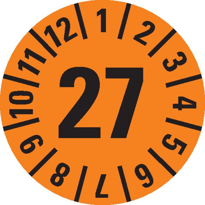 Dreifke Hinweisschild Dreifke® Jahresprüfplakette 27 orange Dokumentenfolie Ø 20mm 36 St/Bogen