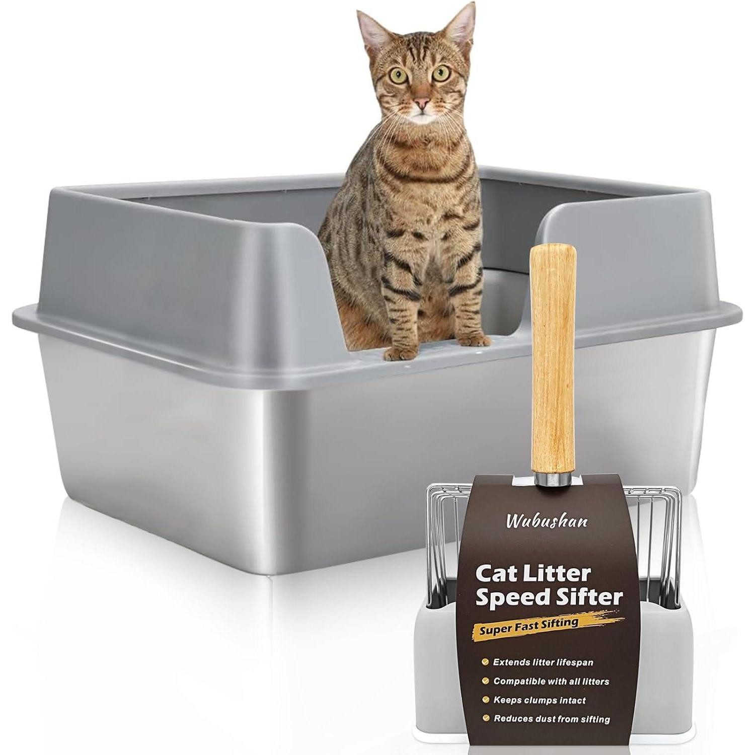 Katzentoilette Katzenklo Edelstahl XXL offen hoher Rand Grau 50*35*25CM
