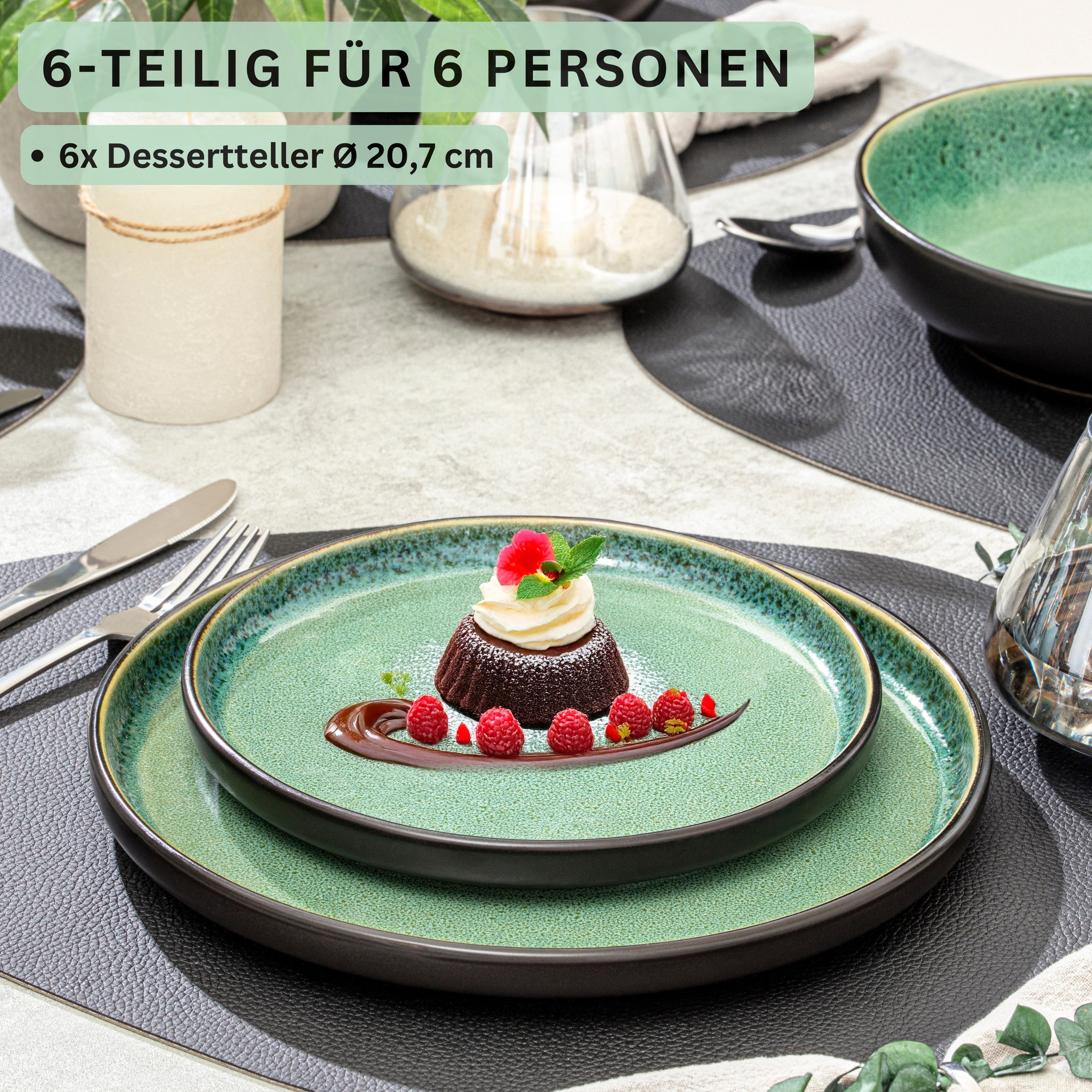 SÄNGER Teller Set Greenwich, Grün mit schwarzem Rand, (6 St), Dessertteller Set, Steingut, Handmade, VALUE COLLECTION