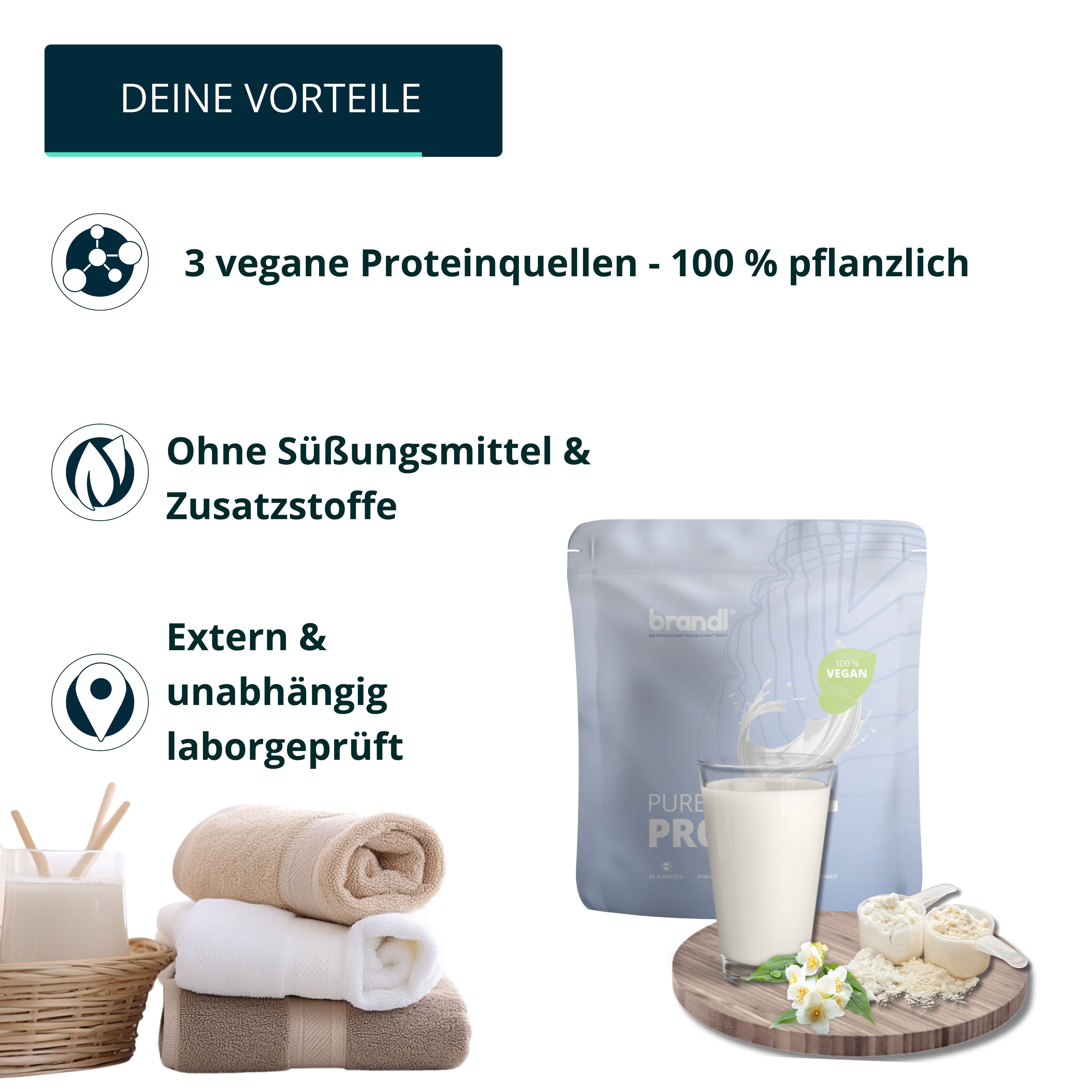 Brandl Nutrition Veganes Proteinpulver- 30g Protein vegan pro Portion mit Eiweißgehalt Pulver, 1000 g, Löslich im Wasser, Smoothie & Kaffee - hochwertige Proteinquelle